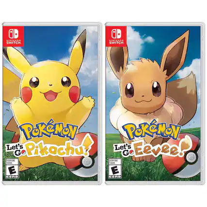 Sure, here is the corrected and grouped text from the image:
---
**Nintendo Switch**
**Pokémon Let's Go Pikachu!**
**Pokémon Let's Go Eevee!**
**Everyone Todos**
**E ESRB**
--- - E (Everyone)