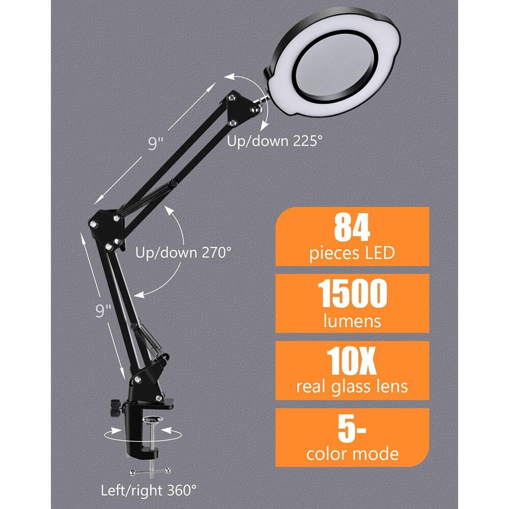 - Up/down 225°
- Up/down 270°
- Left/right 360°
- 84 pieces LED
- 1500 lumens
- 10X real glass lens
- 5-color mode