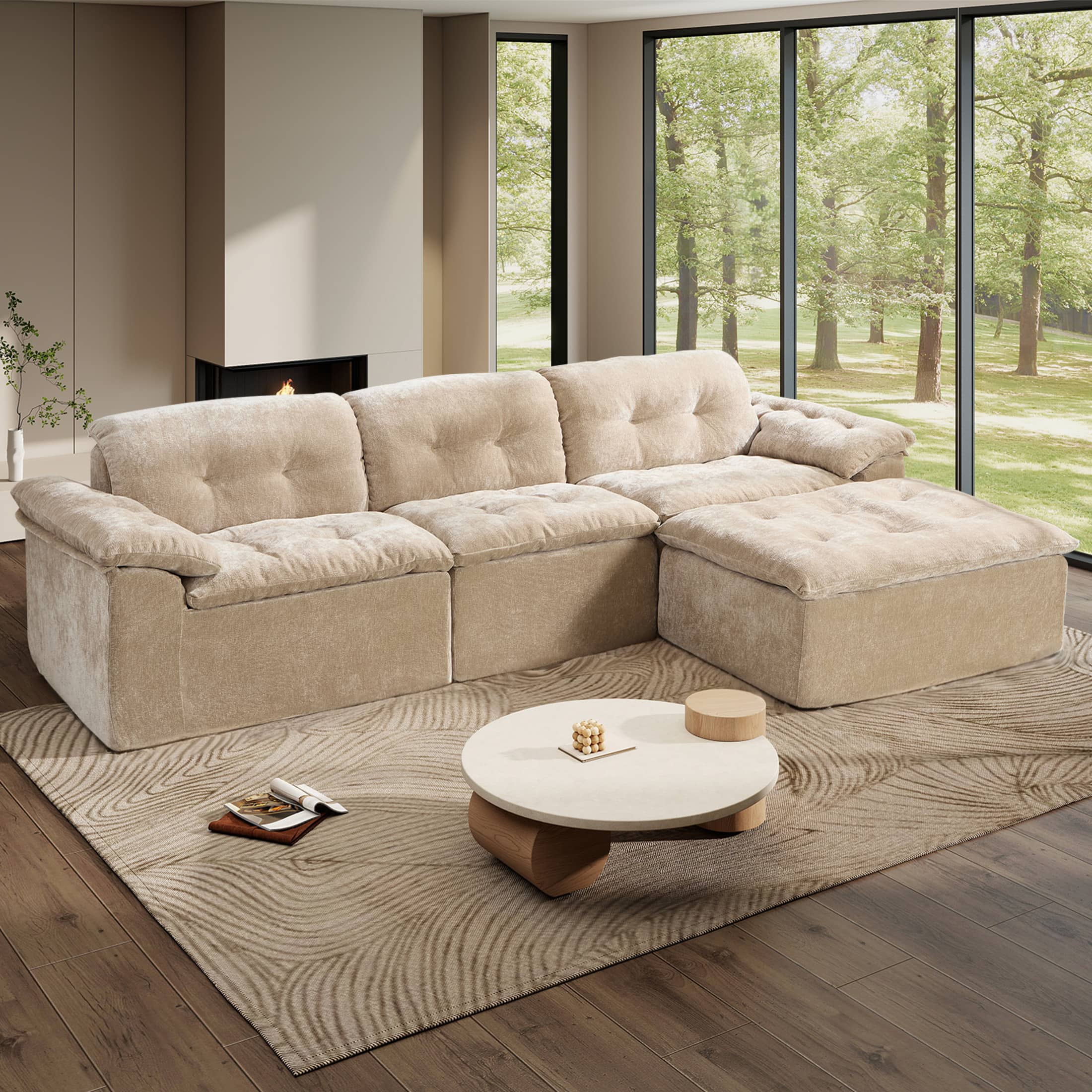 Anysun - L-Shaped Modular Chenille Cushioned Extreme Comfort Sofa with Detachable Backrest and Armrests, Removable Ottoman - Coffee