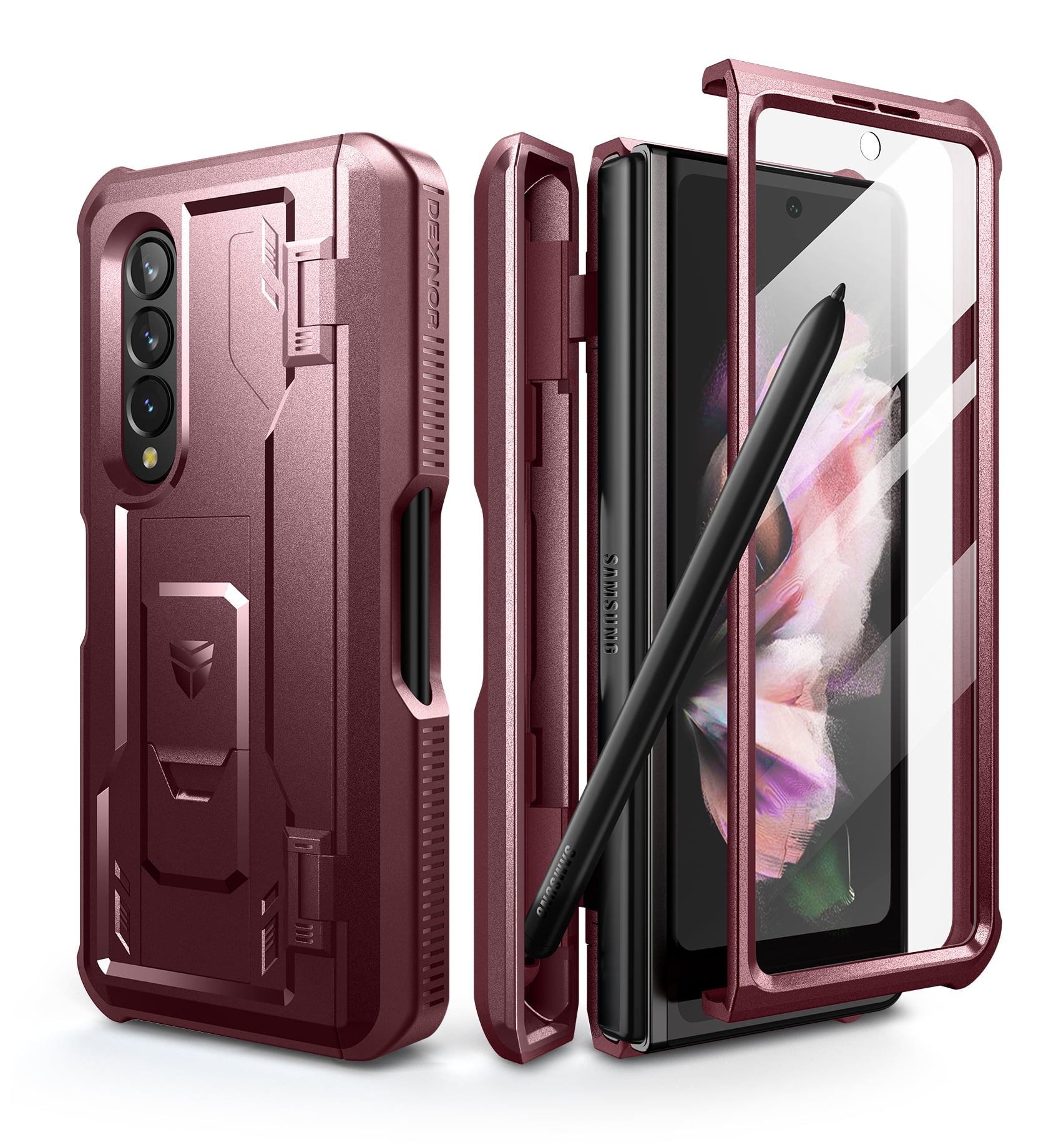 dexnor - Shielder Series Case for Samsung Galaxy Z Fold 3(2021) Military-Grade Full-Body Shockproof Rugged Bumper Case Cover - Maroon Red