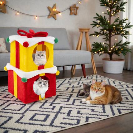 Front. BreeBe - Holiday-Themed Cat Houses in Gift Box Shape with Ribbon Bow, Set of 2.