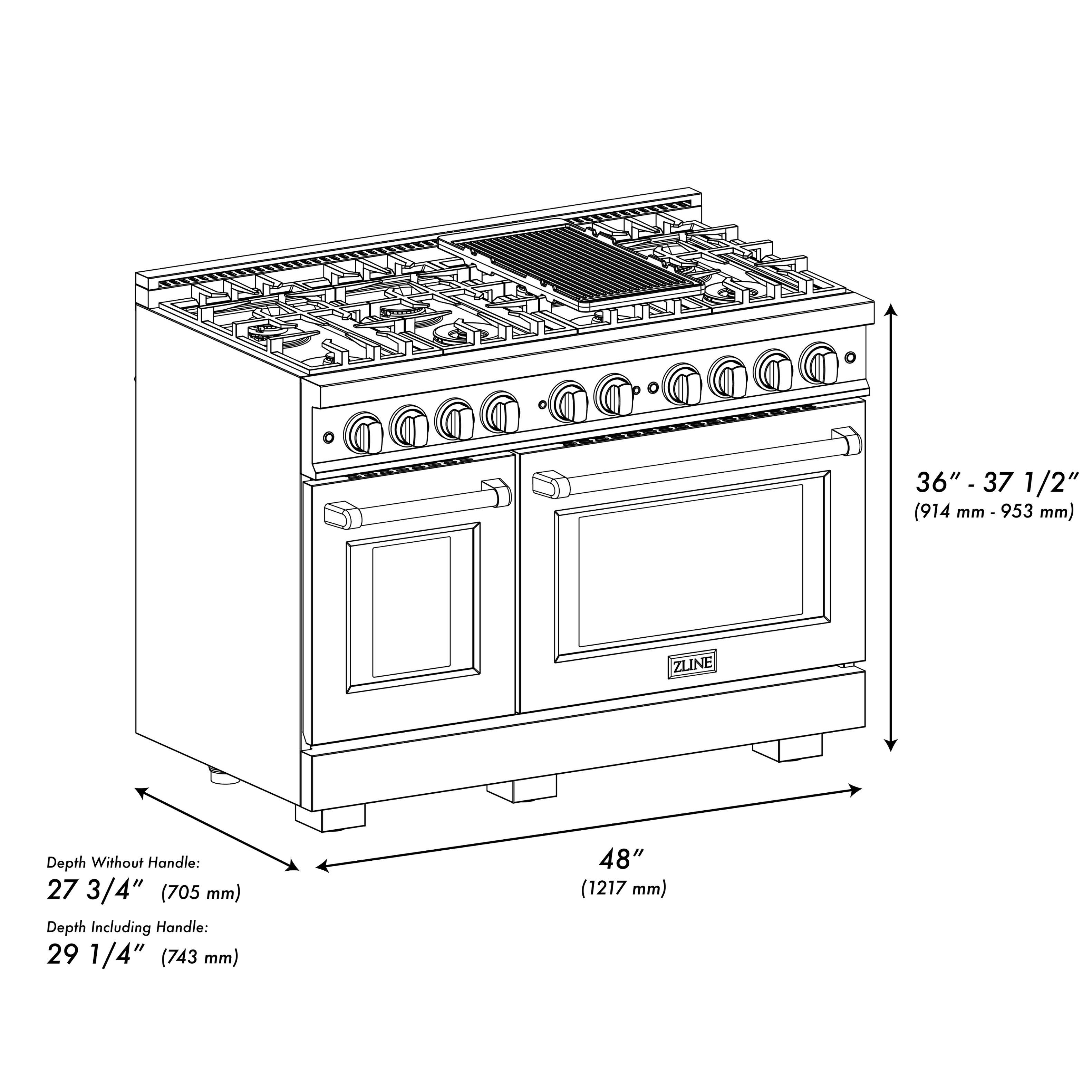 The text on the image states that the oven is 36" - 37 1/2" (914 mm - 953 mm) in depth without the handle, and 29 1/4" (743 mm) in depth including the handle. The oven is also 48" (1217 mm) in depth.