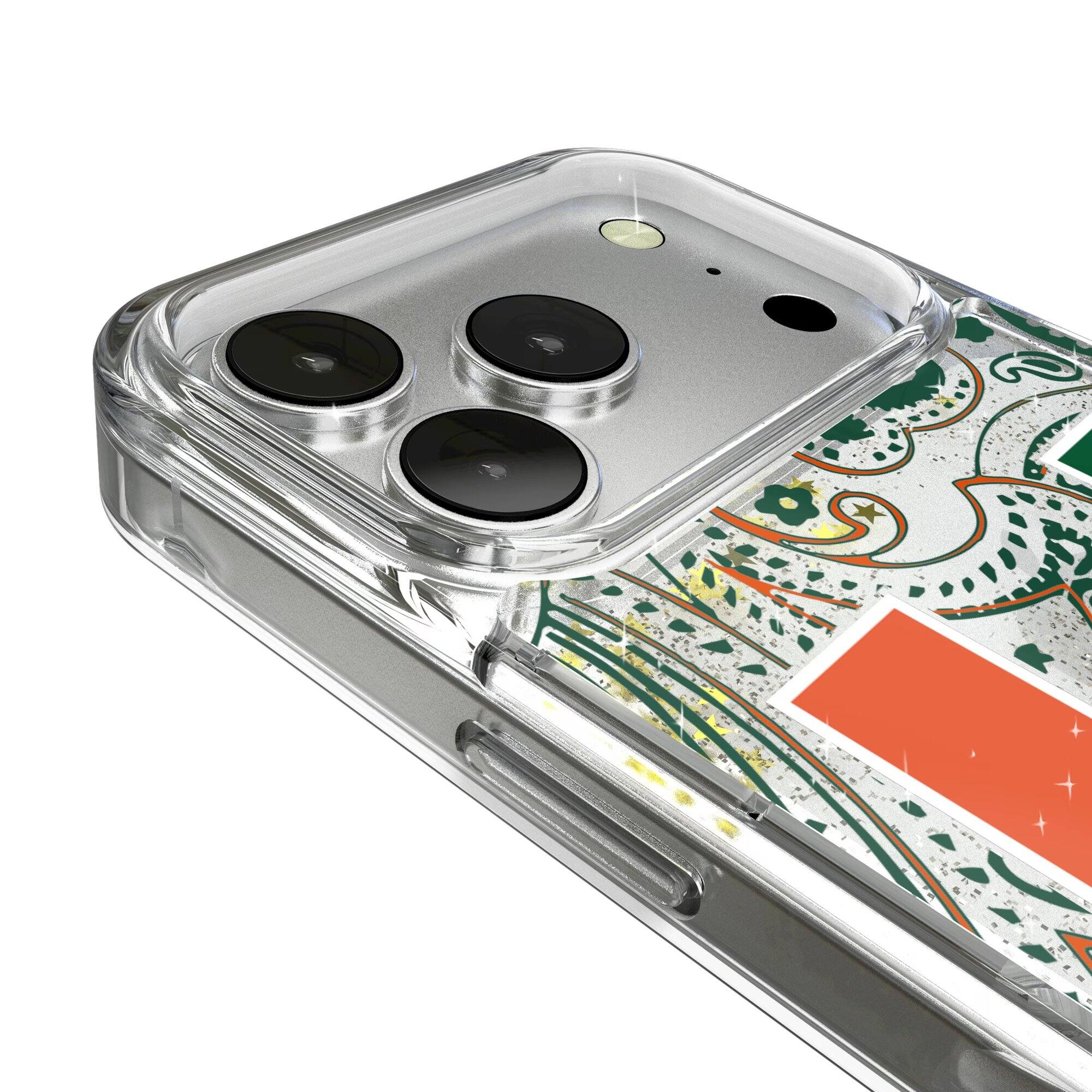 Alt View 2. Keyscaper - Miami Hurricanes iPhone Glitter Paisley Design Case - 15 Pro Max - Multicolor.