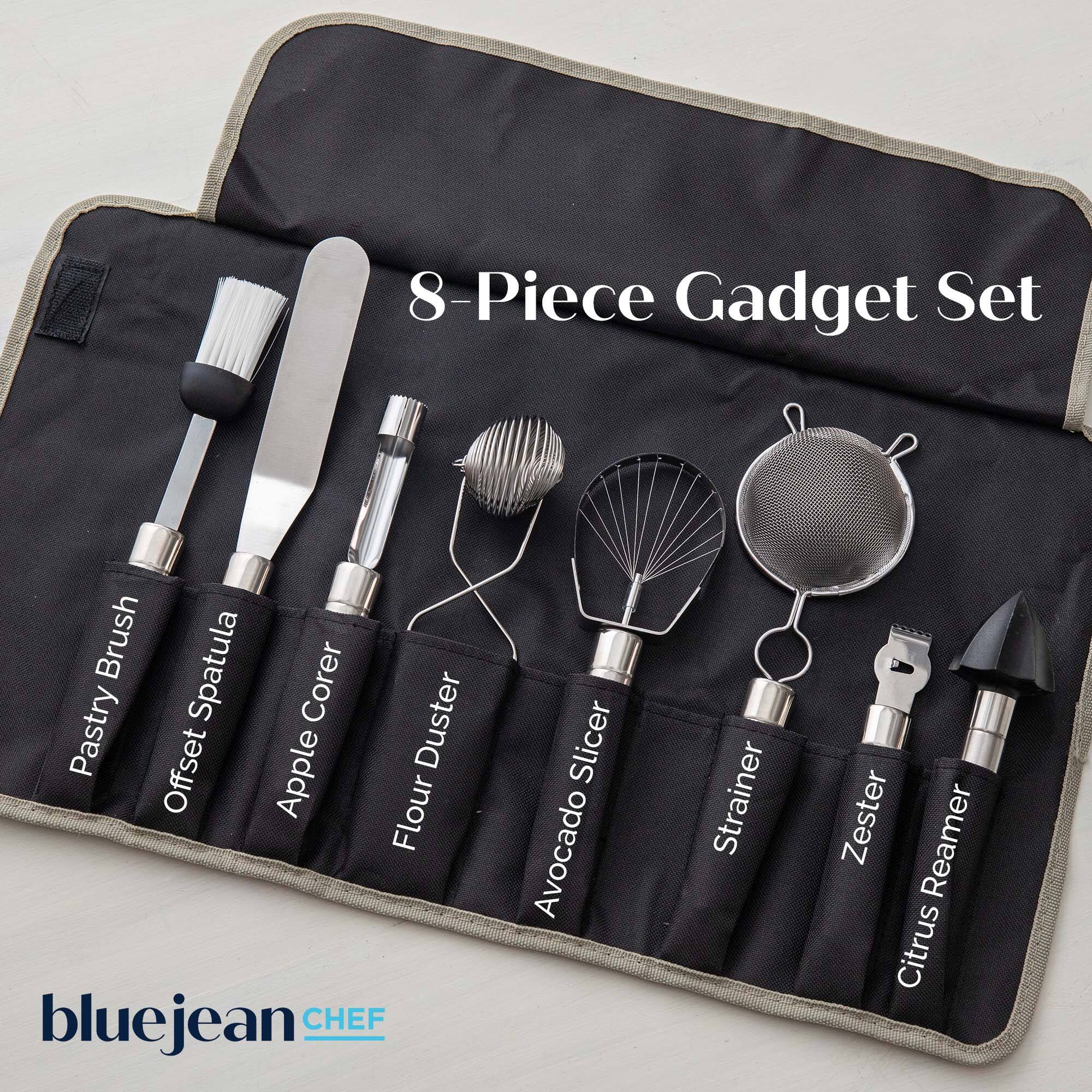 8-Piece Gadget Set

- Pastry Brush
- Offset Spatula
- Apple Corer
- Flour Duster
- Avocado Slicer
- Strainer
- Zester
- Citrus Reamer

bluejean CHEF