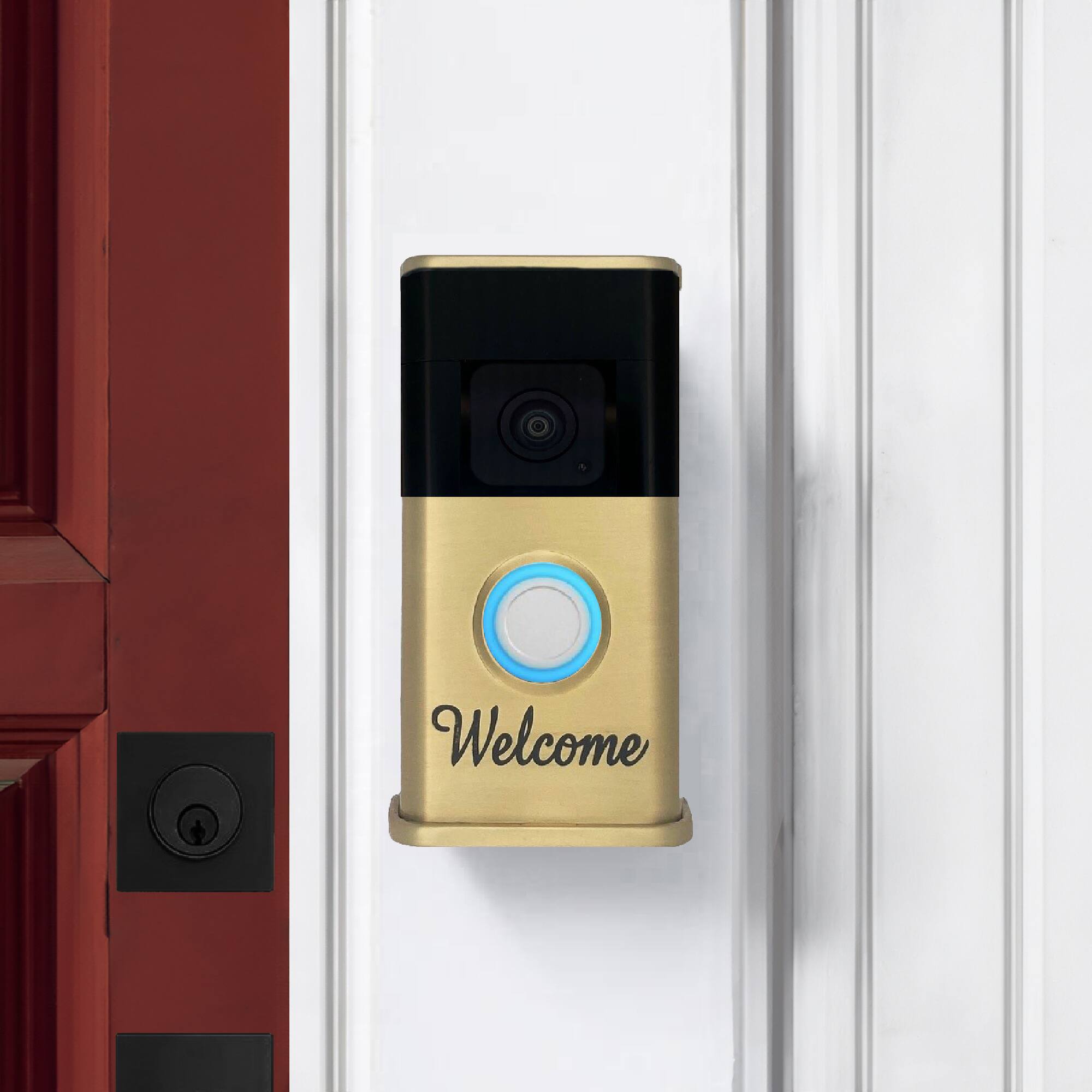 Alt View 3. Michael Healy - Welcome Video Doorbell Cover (Ring 3, 3 Plus, 4, Battery Plus, Battery Pro) - Satin Brass.