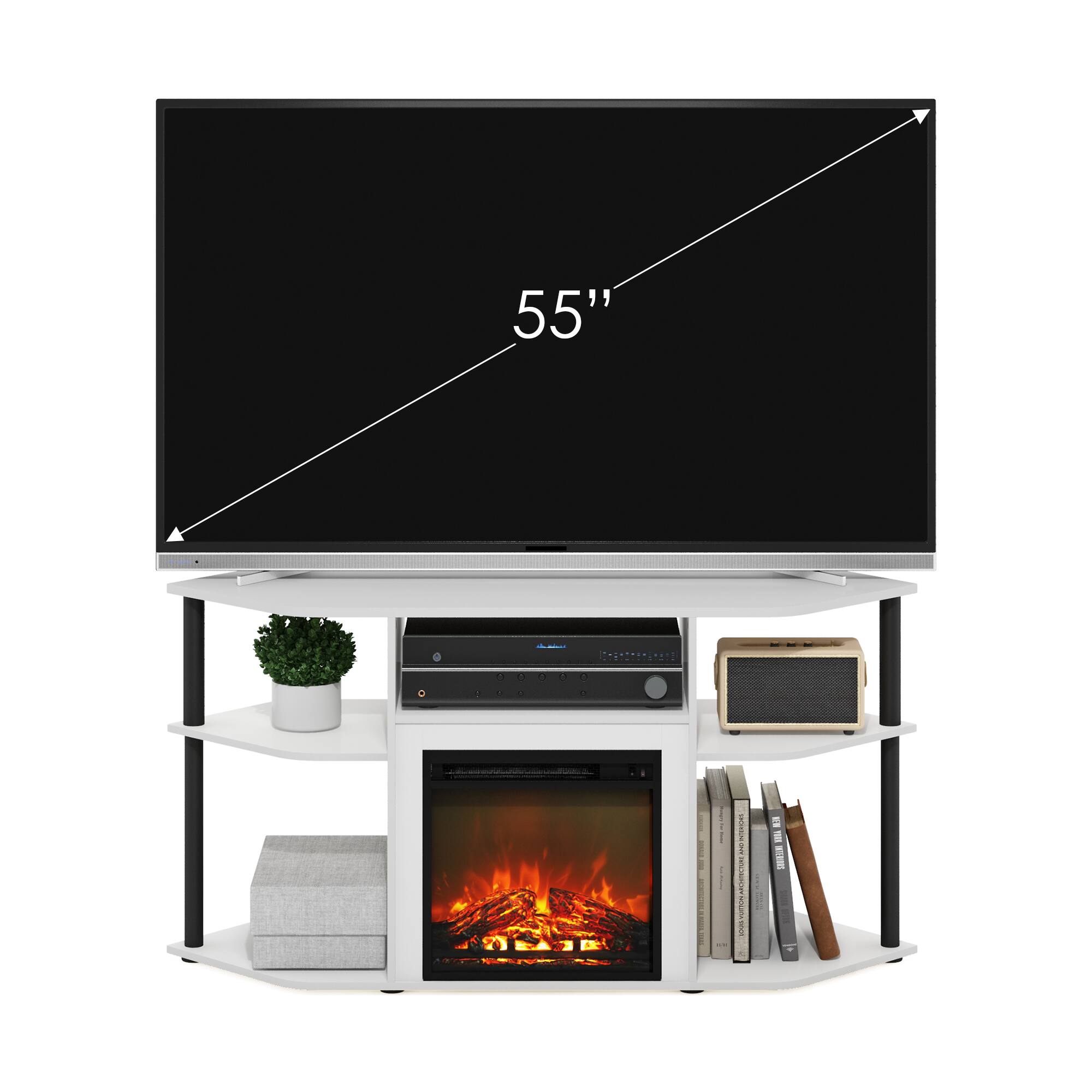 Alt View 4. Furinno - Jensen Open Storage Corner Fireplace TV Entertainment Center with Plastic Poles for TV up to 55 Inch - Solid White/Black.