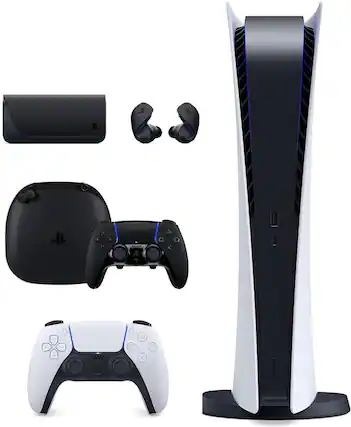 Front. Sony - Sony PS5 Digital Console 825GB DualSense Edge Controller PULSE Explore Earbuds Bundle - White.