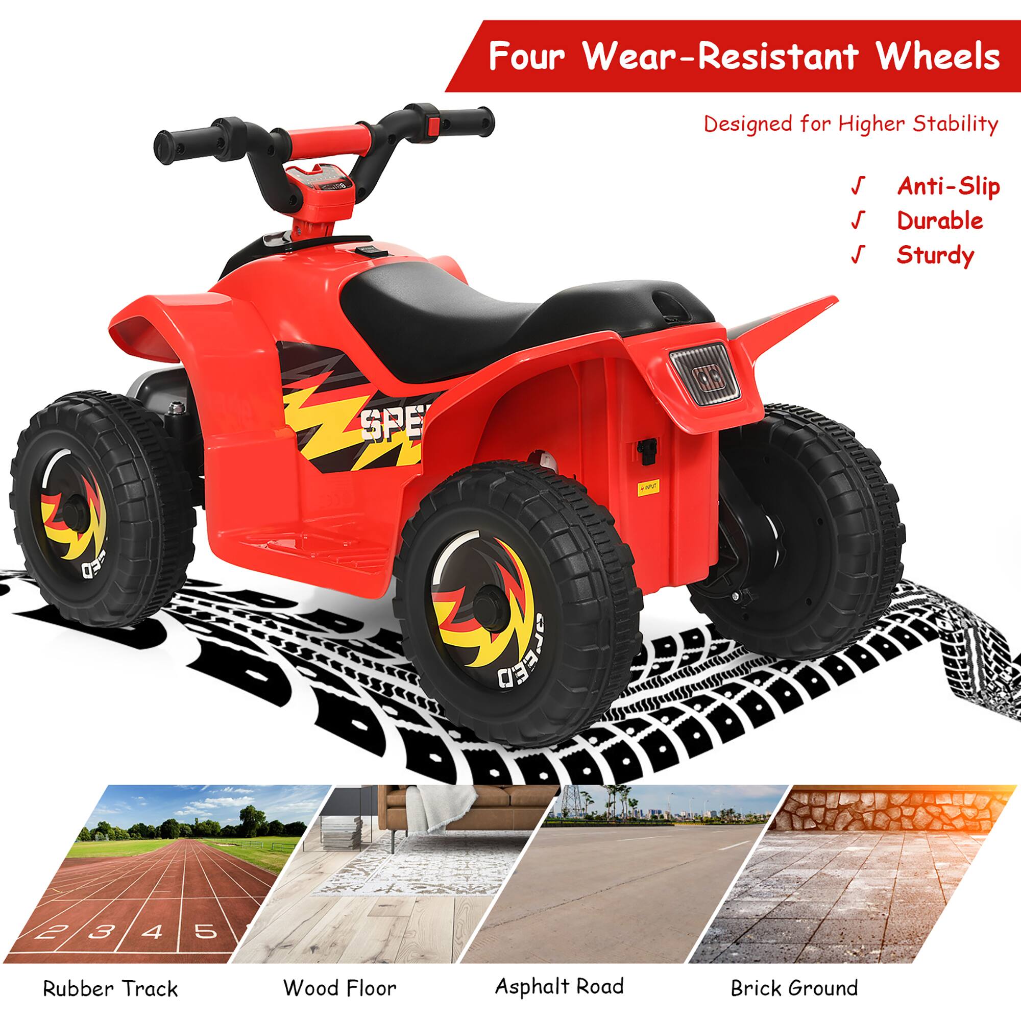 Four Wear-Resistant Wheels  
Designed for Higher Stability  

Anti-Slip  
Durable  
Sturdy  

Rubber Track  
Wood Floor  
Asphalt Road  
Brick Ground