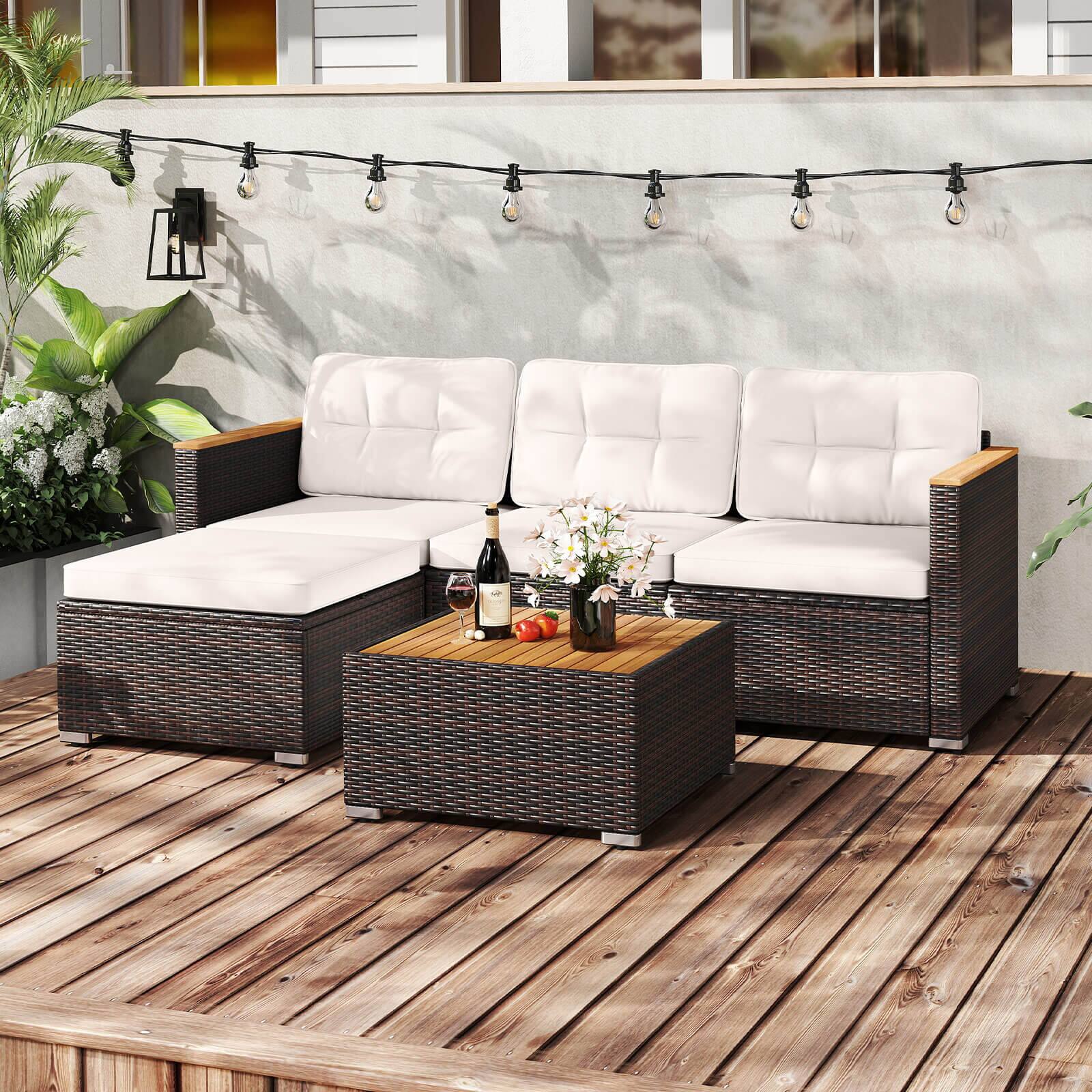 Alt View 1. Costway - Costway 5 Piece Wicker Conversation Set Patio Rattan Chair & Coffee Table Set for Porch - Off White.