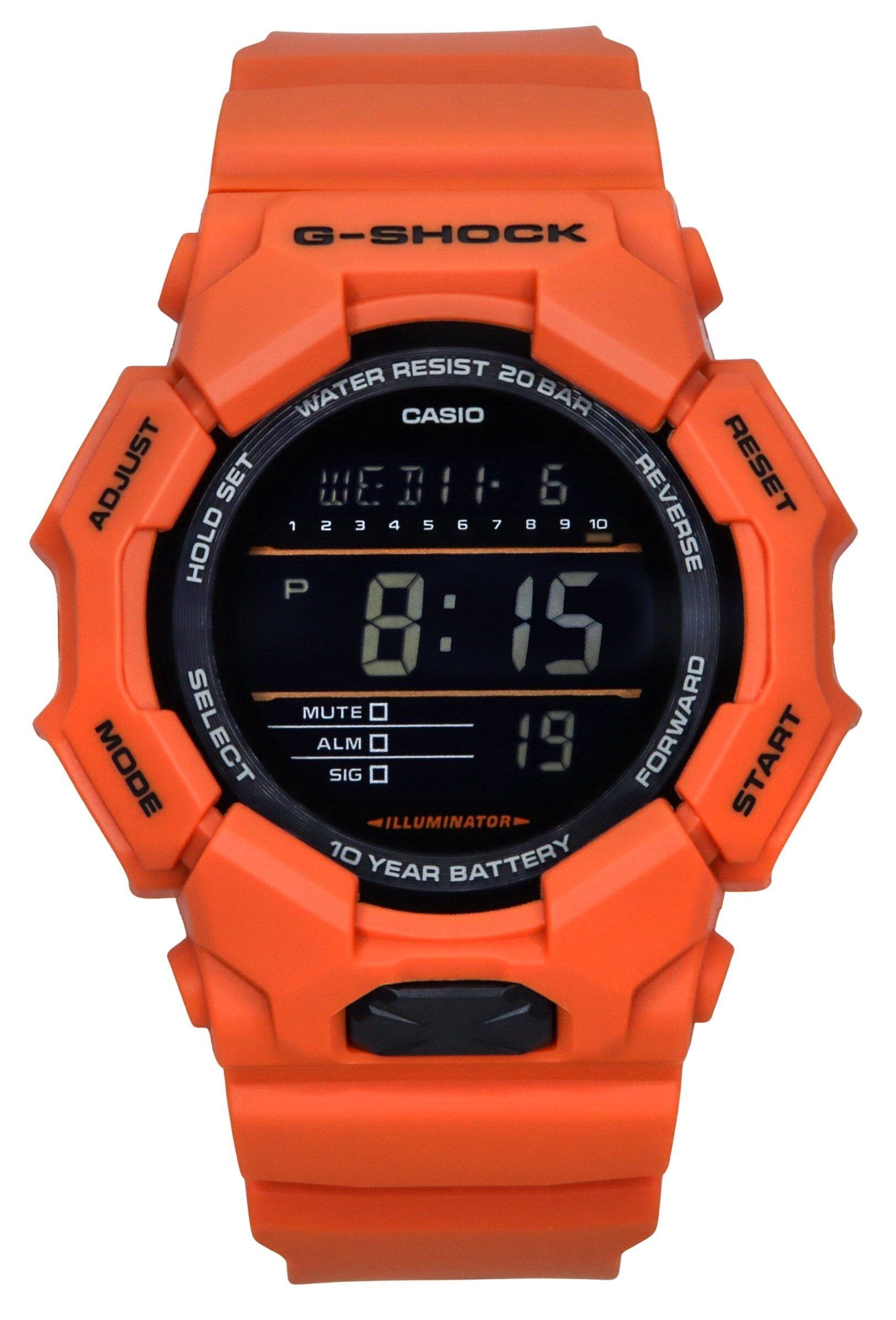 G-SHOCK RESIST 20 WATER CASIO BAR ADJUST SET WEB: I 6 REVERSE RESET 12345678910 HOLD P 8: 15 MUTE MODE SELECT ALM SIG 19 FORWARD START ILLUMINATOR 10 BATTERY YEAR