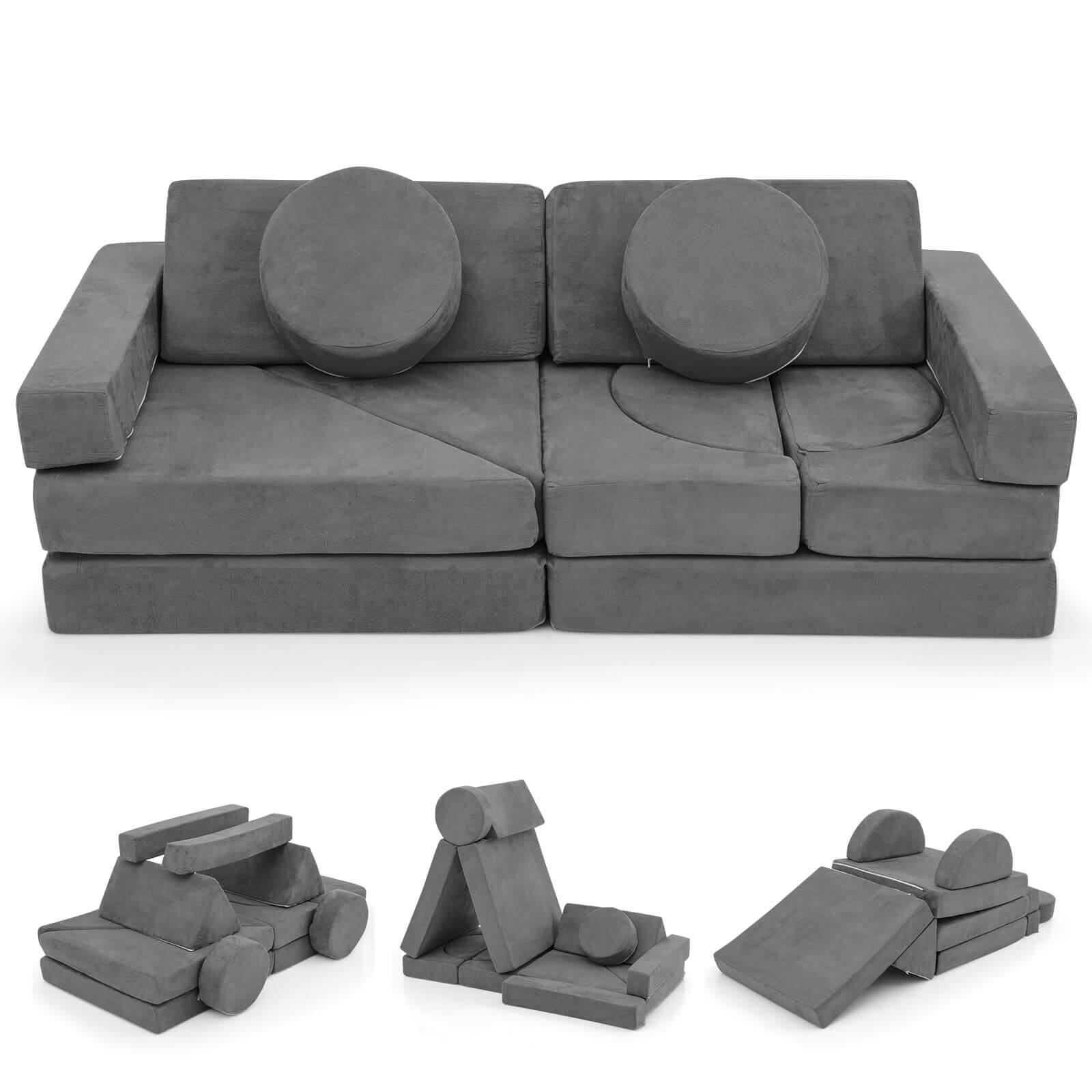 Front. Costway - Costway 14 PCS Modular Kids Play Couch Child Sectional Sofa Toddler Soft Playset - Gray.