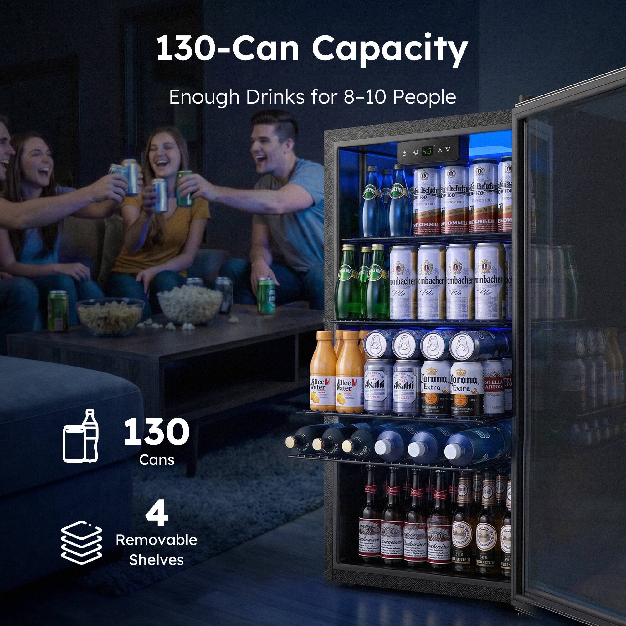 130-Can Capacity  
Enough Drinks for 8-10 People  

130 Cans  
4 Removable Shelves