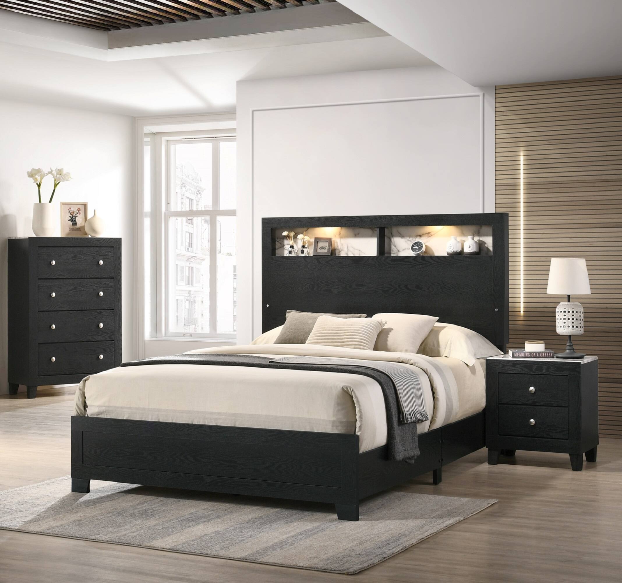 Alt View 1. Tiramisubest - Contemporary White Faux Marble Top Nightstand with 2 Drawers, Black Finish - Black|White.