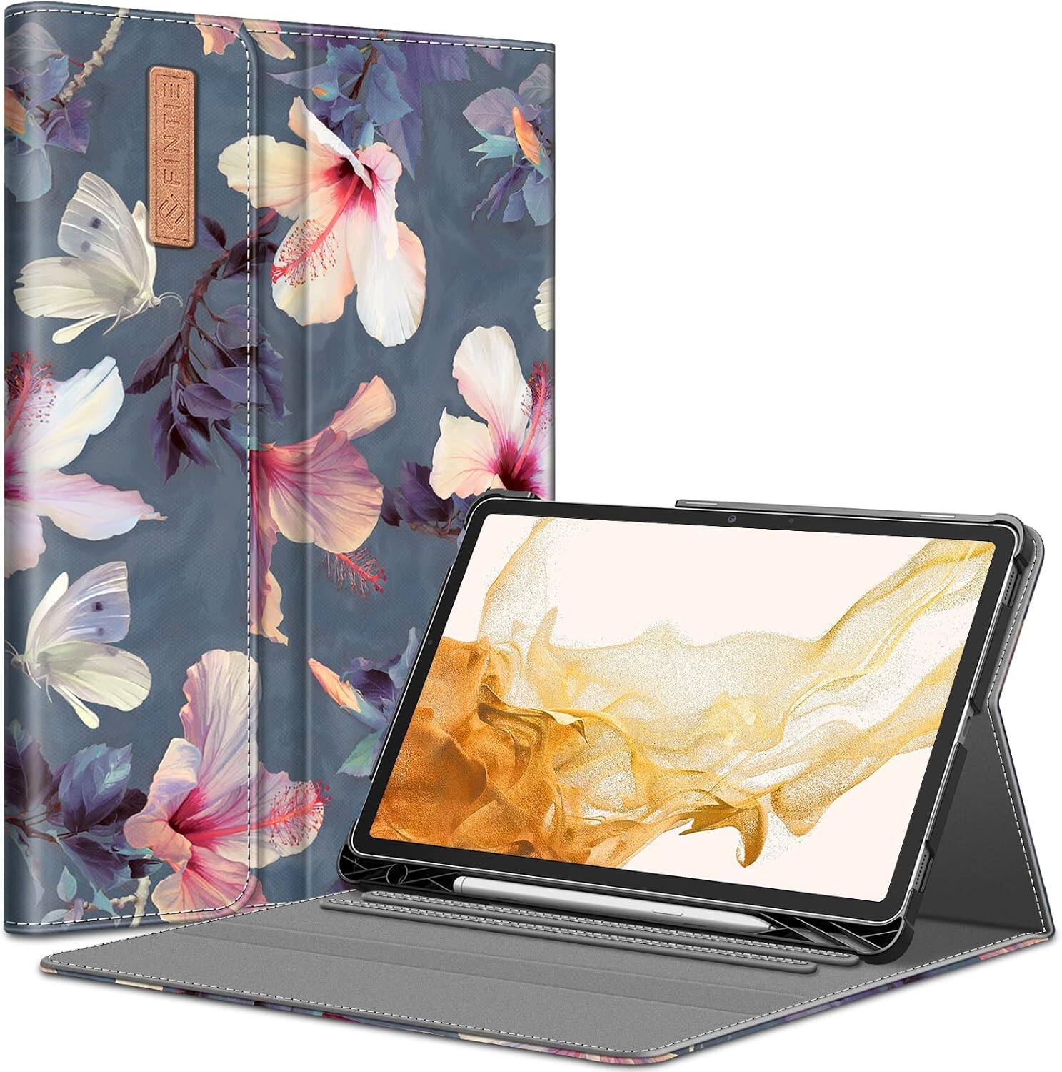 Fintie - Portfolio Case for Samsung Galaxy Tab S8+ / S7+ / S7 FE 12.4 Inch, Multiple Angles Business Cover with Pocket - Blooming Hibiscus