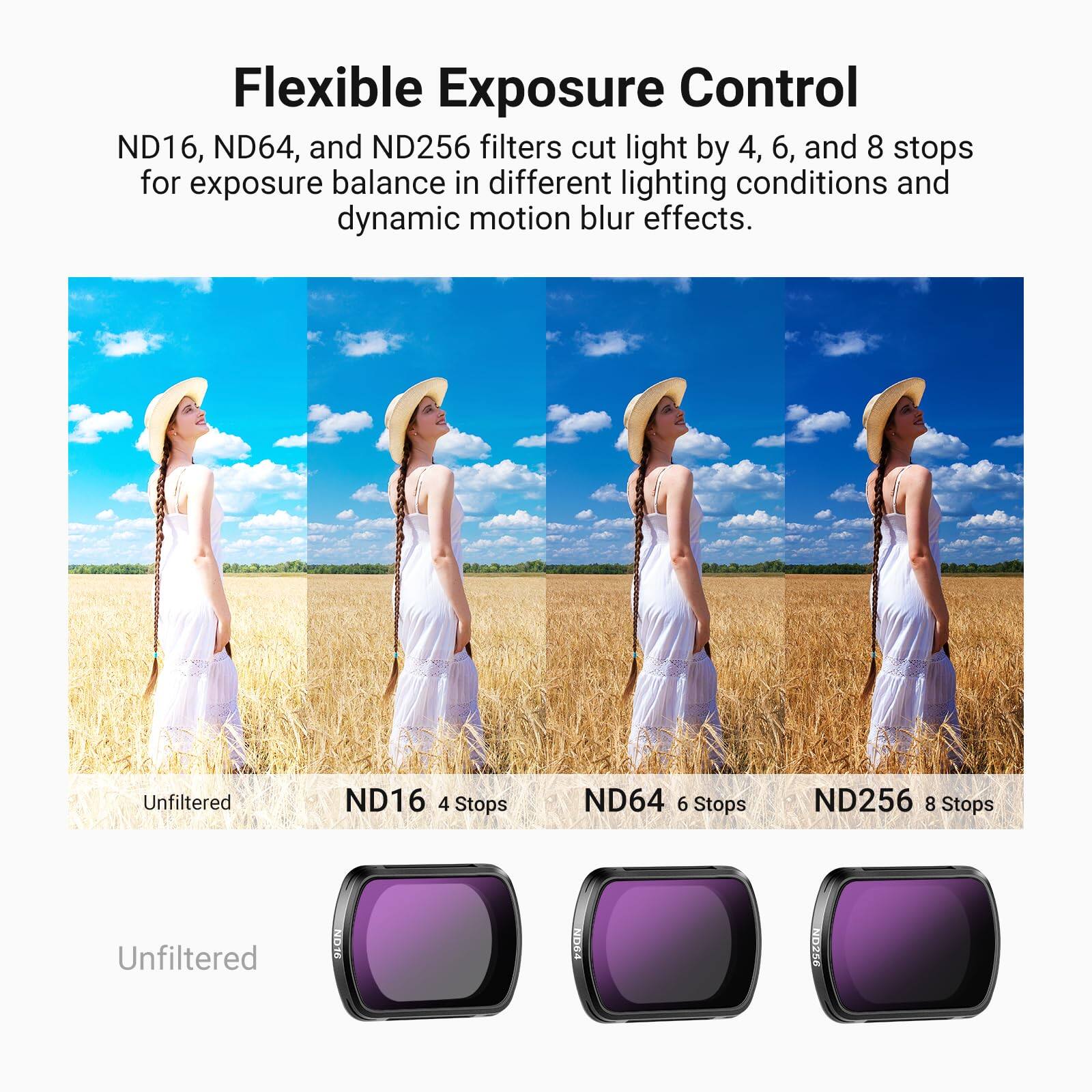 Flexible Exposure Control

ND16, ND64, and ND256 filters cut light by 4, 6, and 8 stops for exposure balance in different lighting conditions and dynamic motion blur effects.

Unfiltered  
ND16 4 Stops  
ND64 6 Stops  
ND256 8 Stops  

Unfiltered
