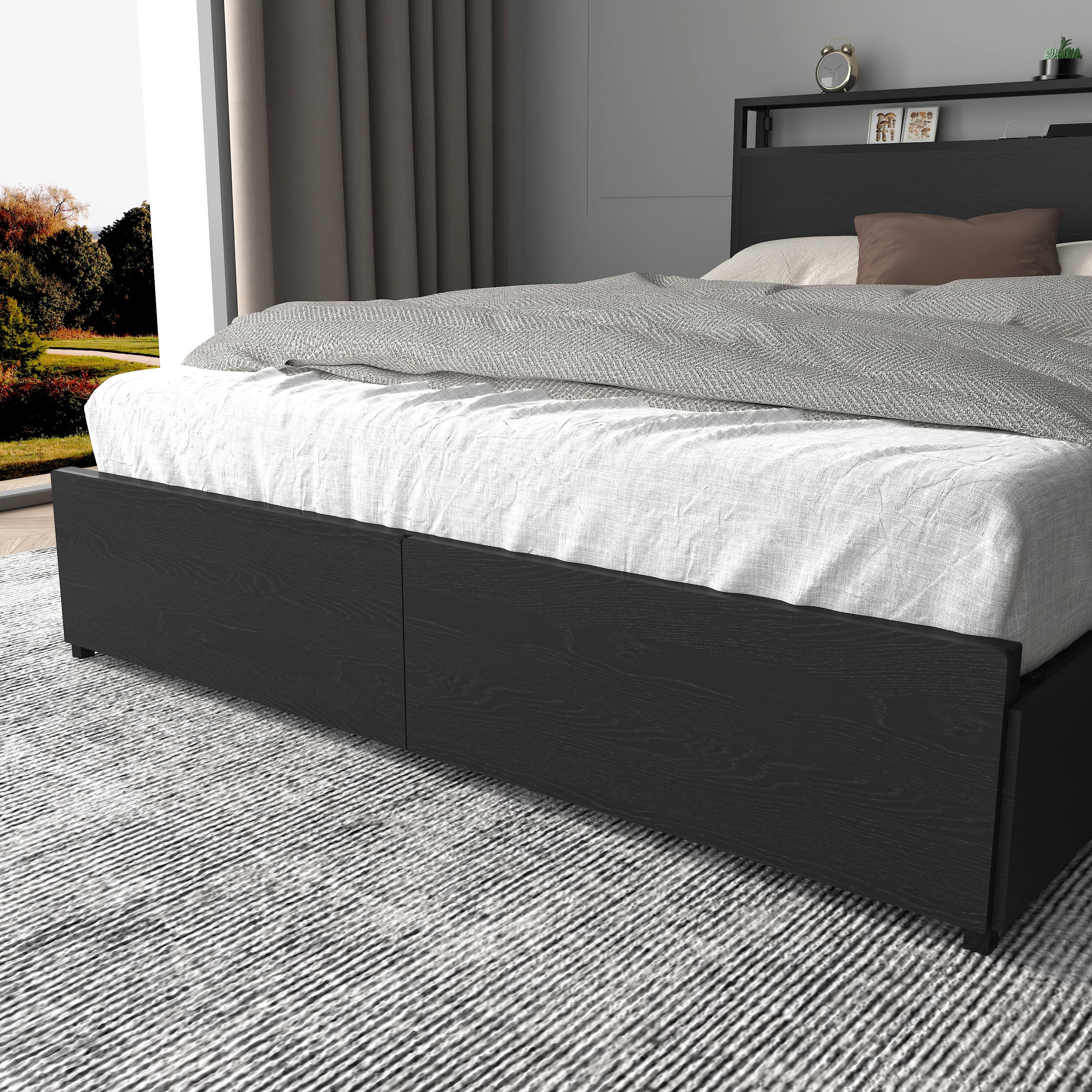Alt View 3. LUCKY ONE - Full Size Bed Frame, Storage Headboard with Charging Station - Black.