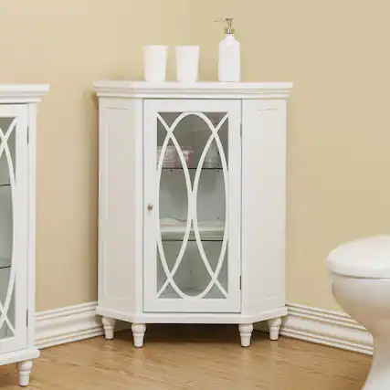 Front. Teamson Home - Teamson Home Florence Corner Floor Cabinet with Decorative Glass Panel, White - White.