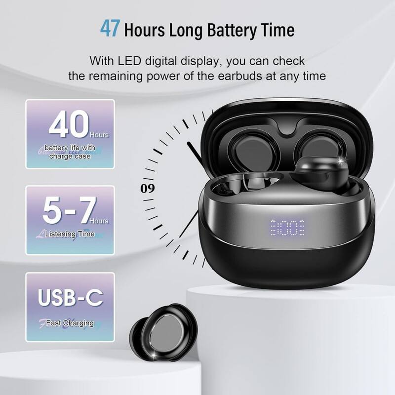 47 Hours Long Battery Time

With LED digital display, you can check the remaining power of the earbuds at any time

- 40 Hours battery life with charge case
- 5-7 Hours Listening Time
- USB-C Fast Charging