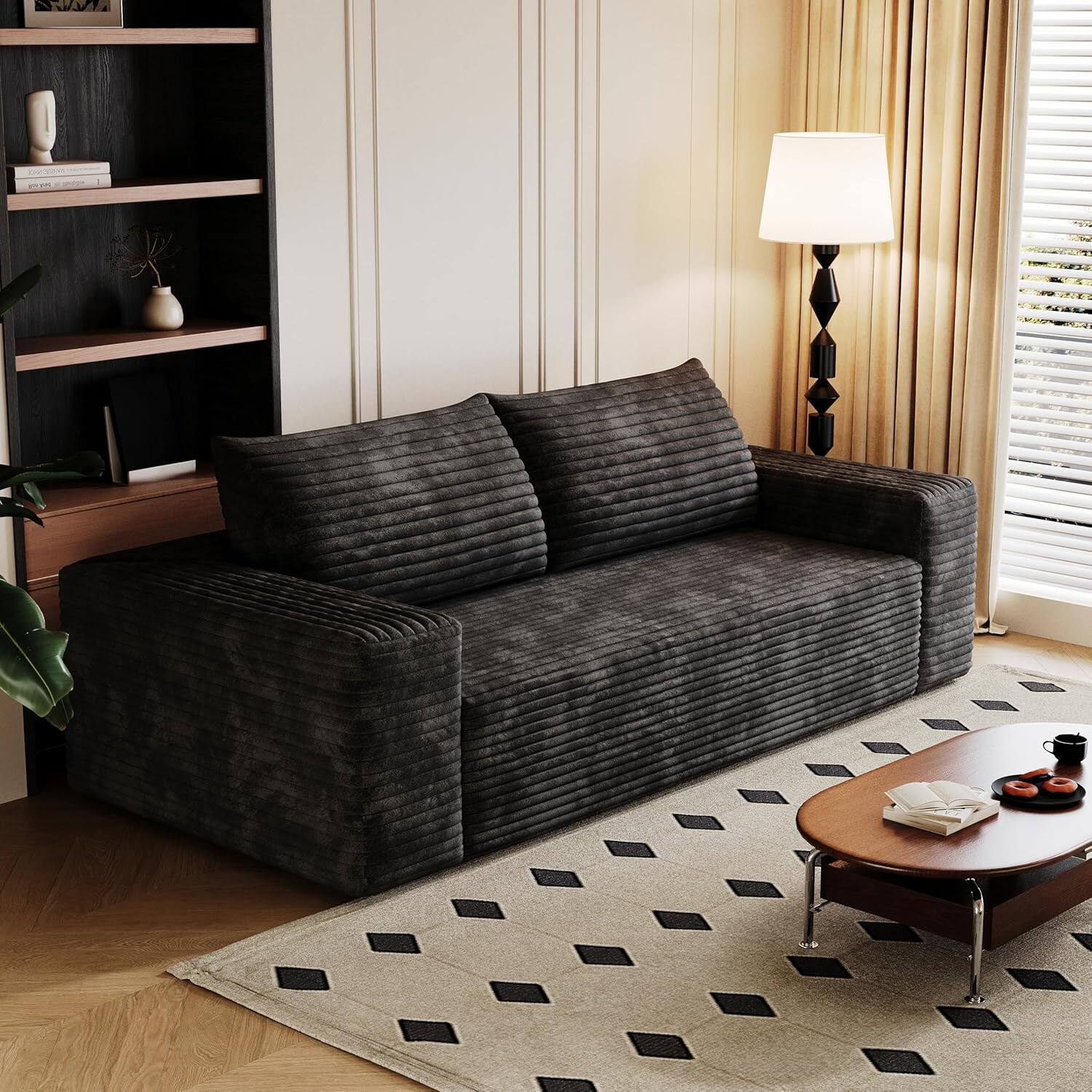 Alt View 2. Trinkets Crazed - 63" 2-Seater LoveSeat Sofa Plush Corduroy Boneless Couch with High Cushion Backrest and Wider Armrest - black.