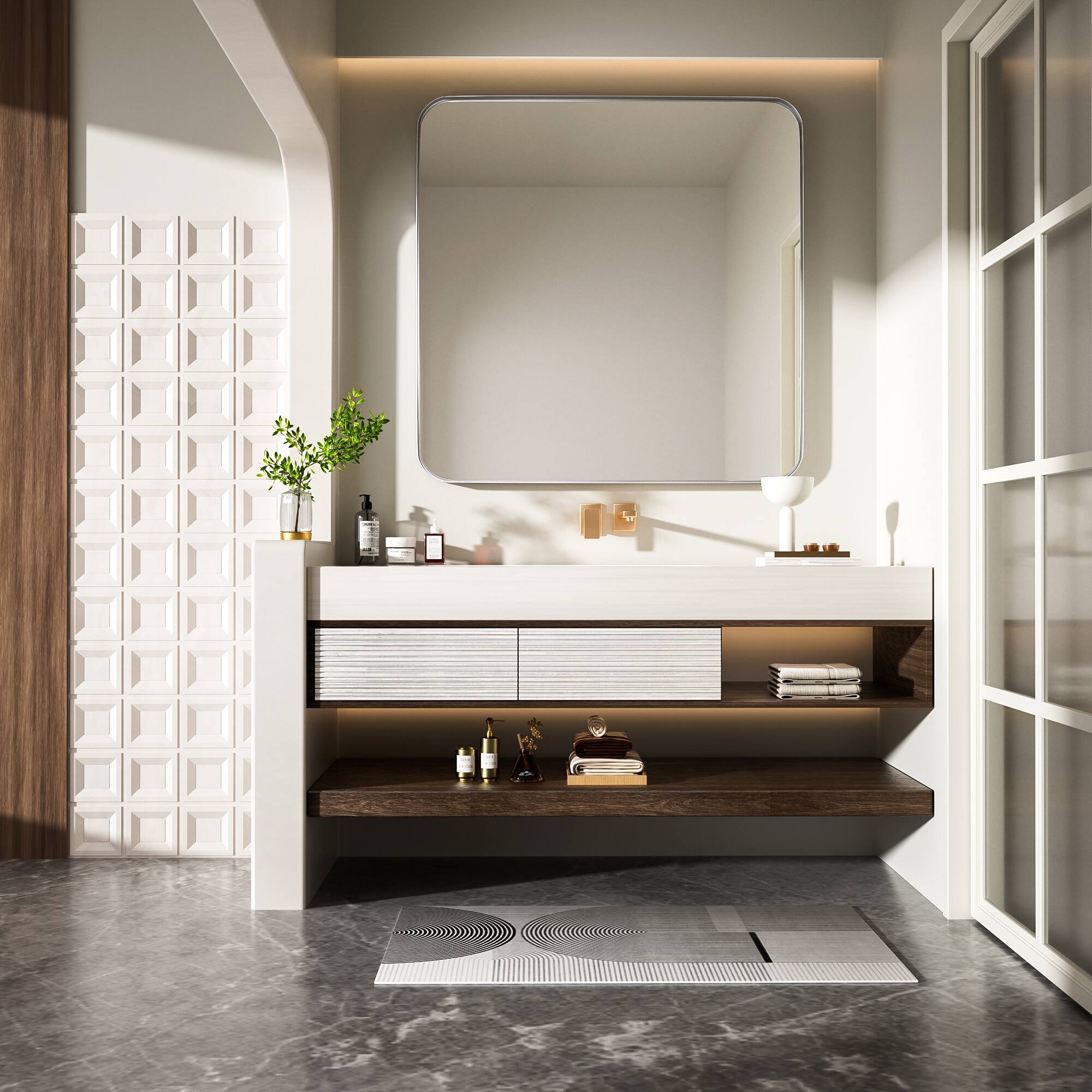 Alt View 13. LOVMOR - Tempered Glass Rounded Rectangle Framed Wall-Mounted Bathroom Vanity Mirror - 36" x 36" - Silver.