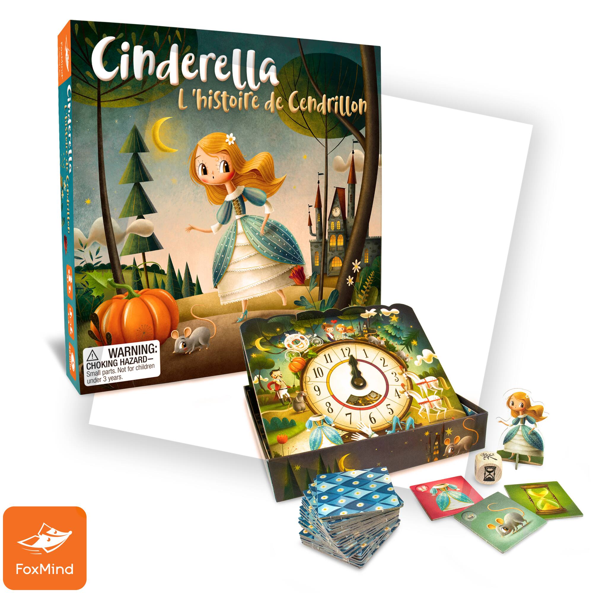 Cinderella L'histoire de Cendrillon is a children's game that comes with a warning for choking hazards. It is not suitable for children under the age of 3 due to small parts. The game is designed by FoxMind and is meant for players aged 8 and up.