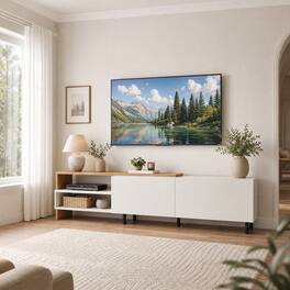 WELLFOR - Modern TV Stand for 80" TVs, Entertainment Center Media Console with Storage Shelves and Cabinets - White