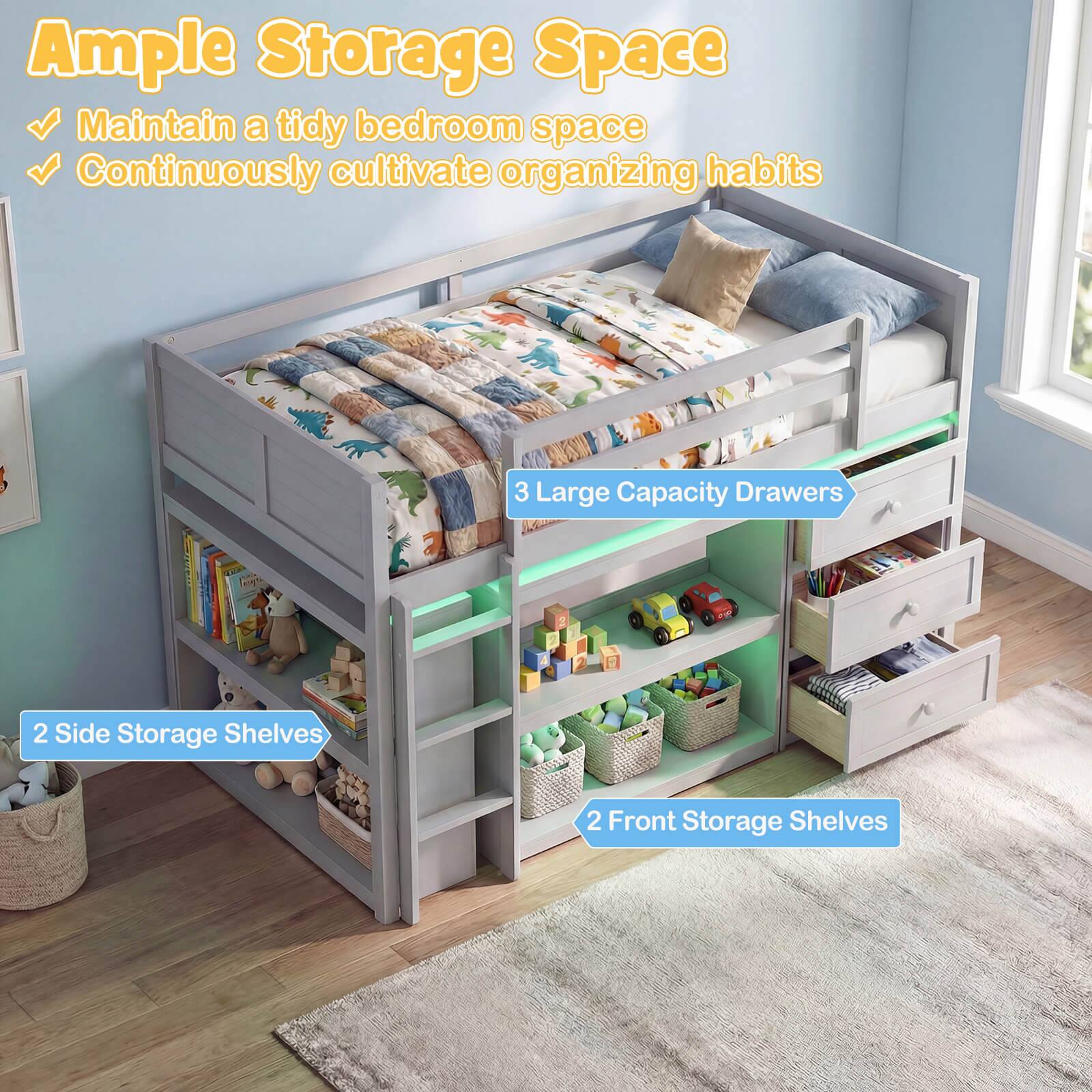 Ample Storage Space  
Maintain a tidy bedroom space  
Continuously cultivate organizing habits  

3 Large Capacity Drawers  
2 Side Storage Shelves  
2 Front Storage Shelves