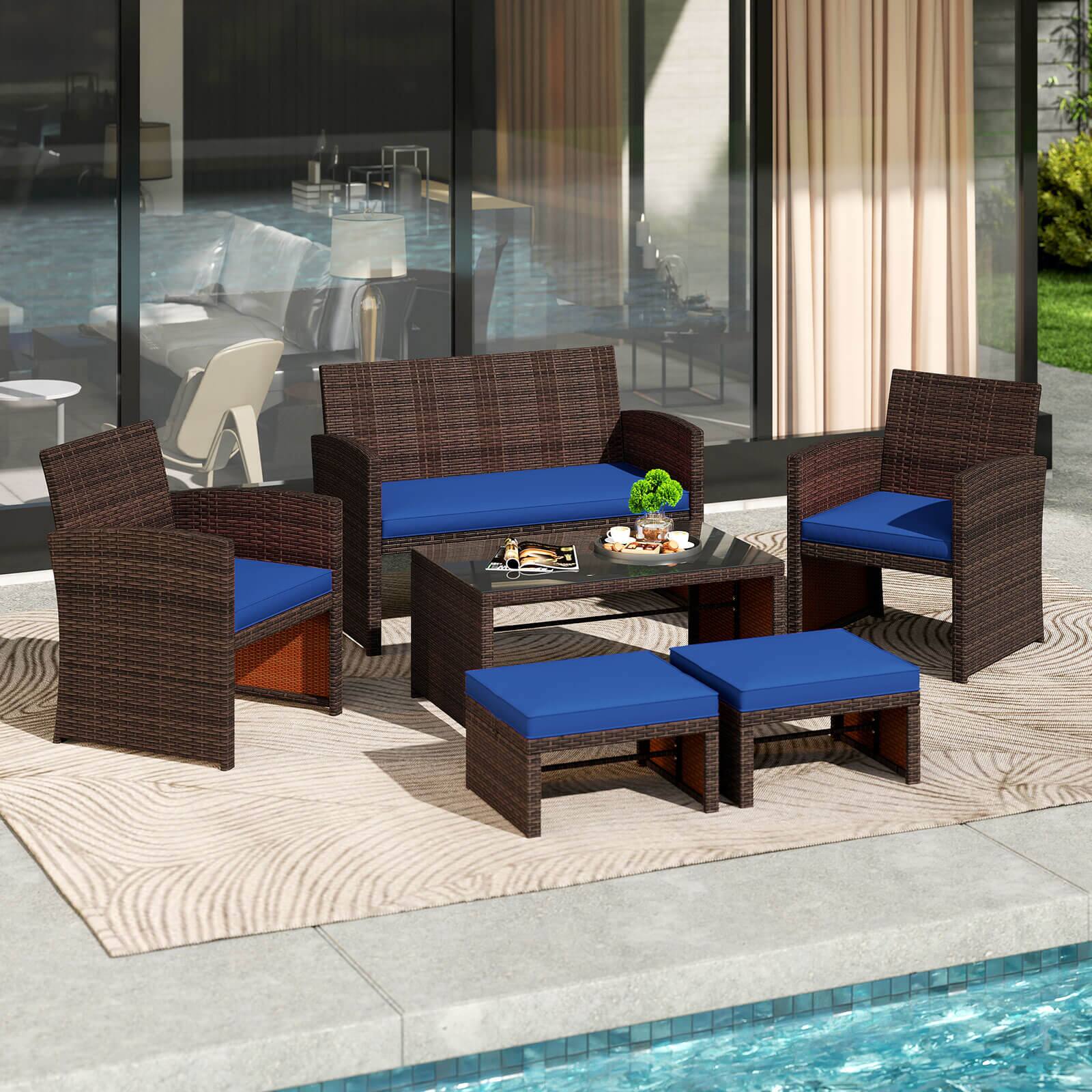 Alt View 3. Gymax - Gymax 6 PCS Patio Furniture Set w/ 1 Loveseat 1 Coffee Table 2 Armchairs 2 Ottomans Blue - Mix Brown, Navy Blue.