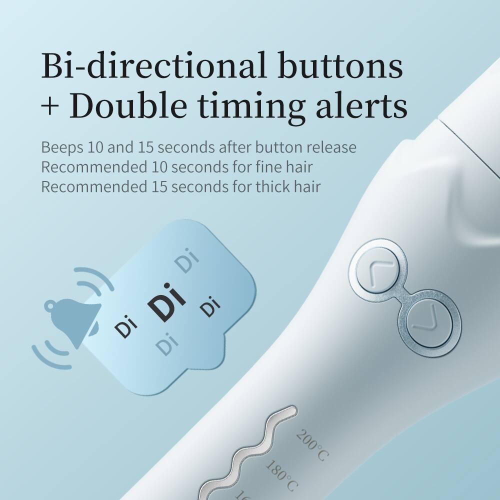 Bi-directional buttons + Double timing alerts

Beeps 10 and 15 seconds after button release
Recommended 10 seconds for fine hair
Recommended 15 seconds for thick hair

Di Di Di Di Di

200°C
180°C