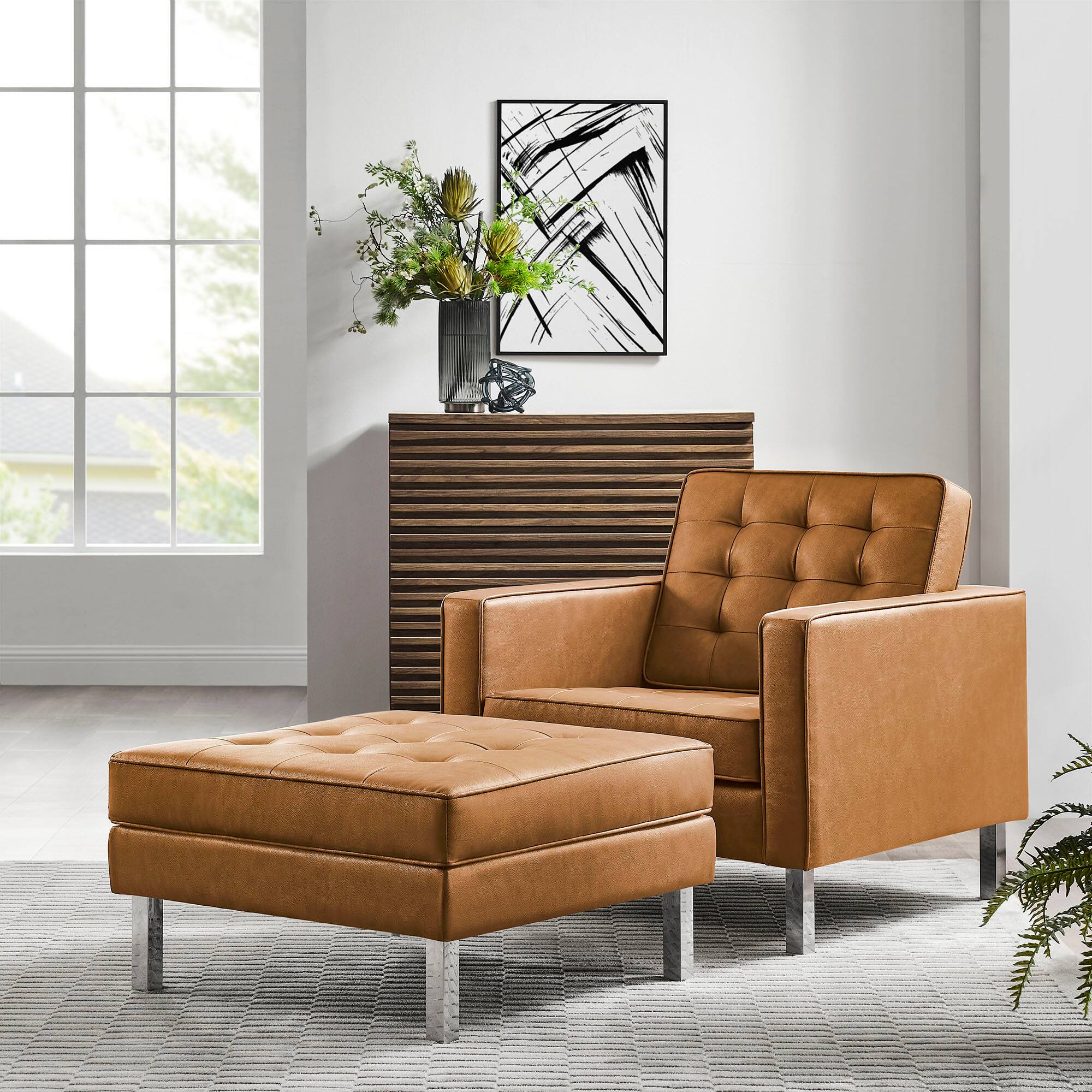 Alt View 6. Modway - Loft Tufted Vegan Leather Armchair and Ottoman Set by Modway - Brown.