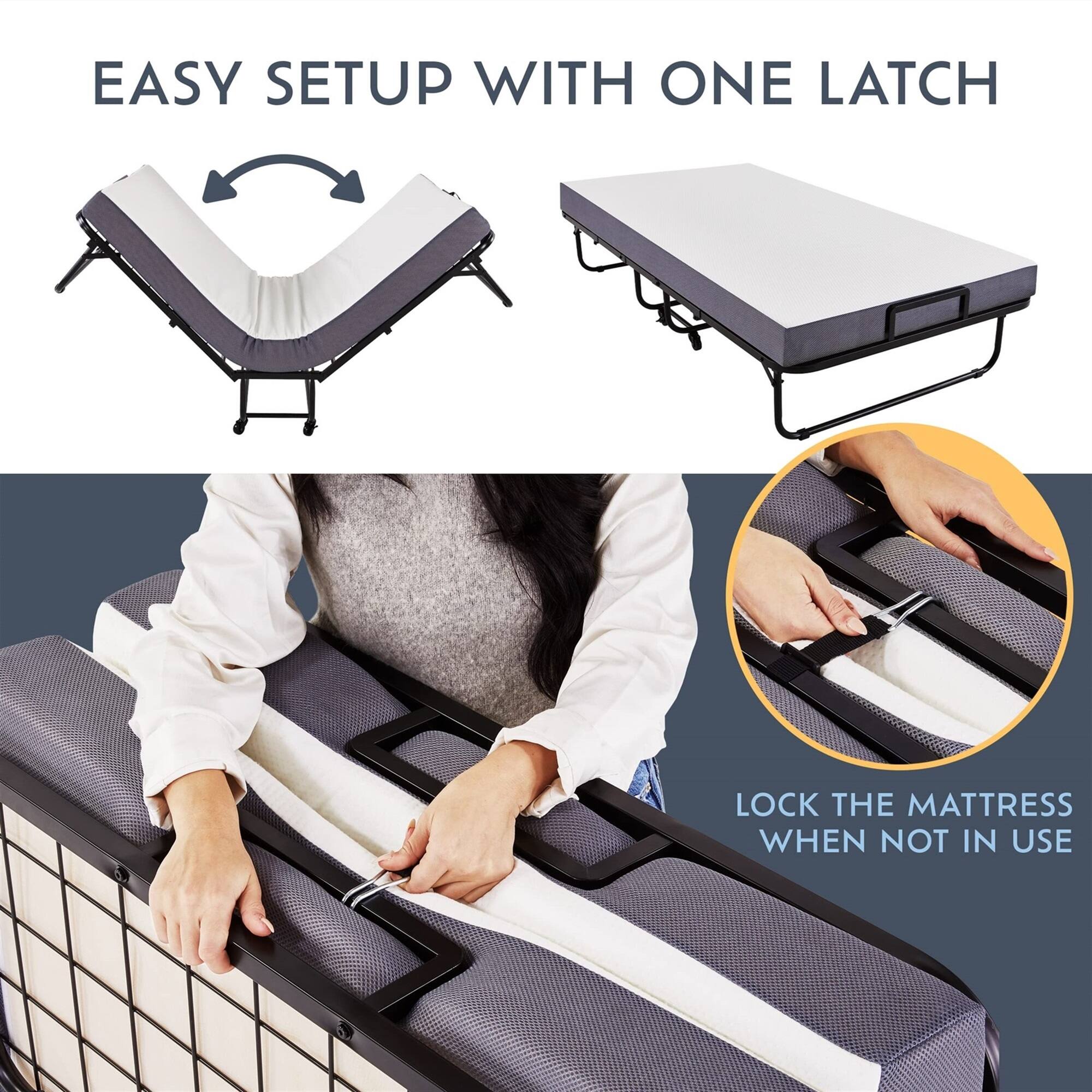 EASY SETUP WITH ONE LATCH
LOCK THE MATTRESS WHEN NOT IN USE