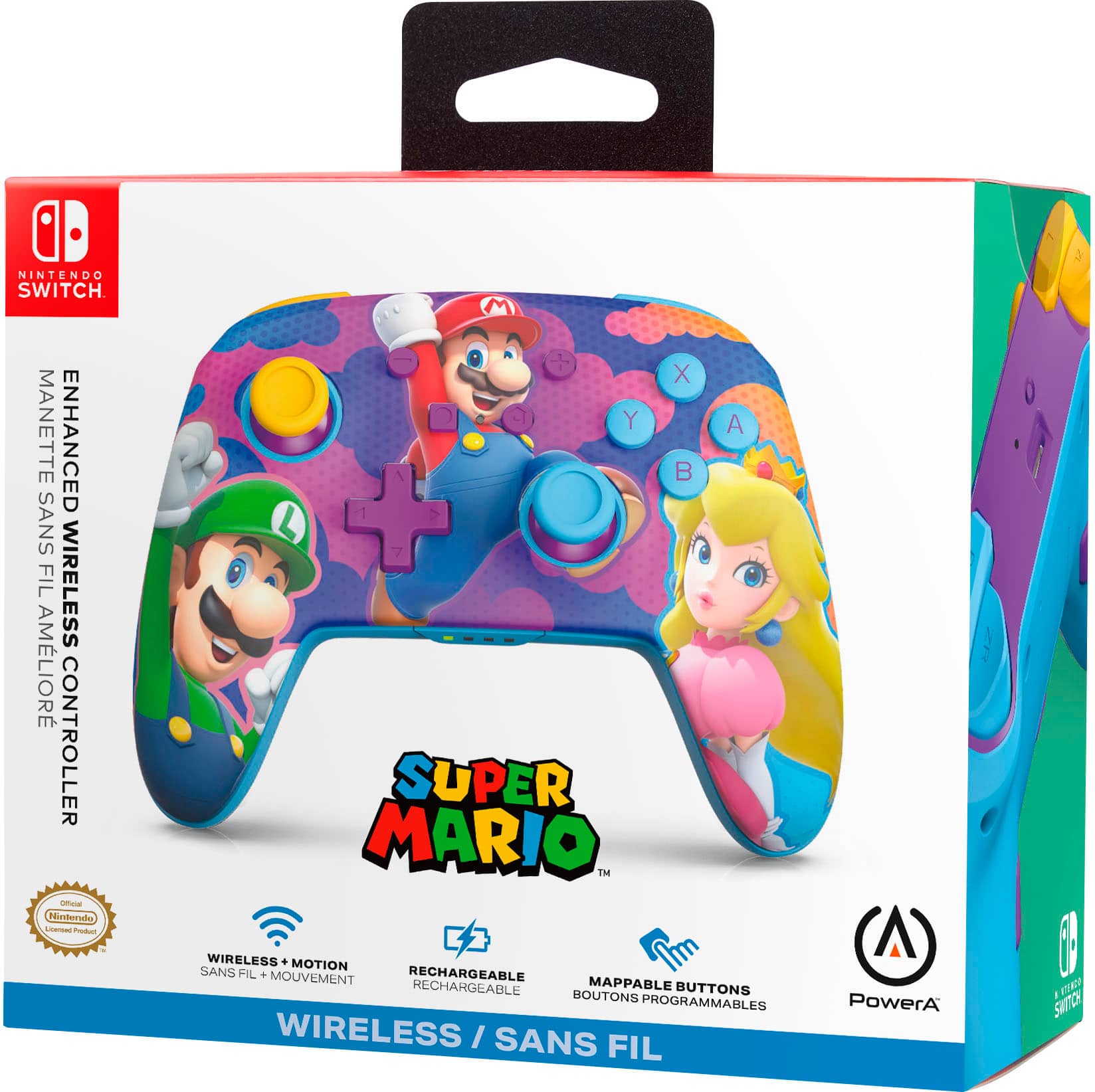 The text on the image reads: "ID NINTENDO SWITCH MANETTE ENHANCED SANS FIL WIRELESS AMLIOR CONTROLLER - Conenat L Produn M X J Y B L SUPER MARIO TM A WIRELESS + MOTION SANS FIL + MOUVEMENT RECHARGEABLE RECHARGEABLE MAPPABLE BUTTONS BOUTONS PROGRAMMABLES WIRELESS I SANS FIL PowerA J #TK SAIc."