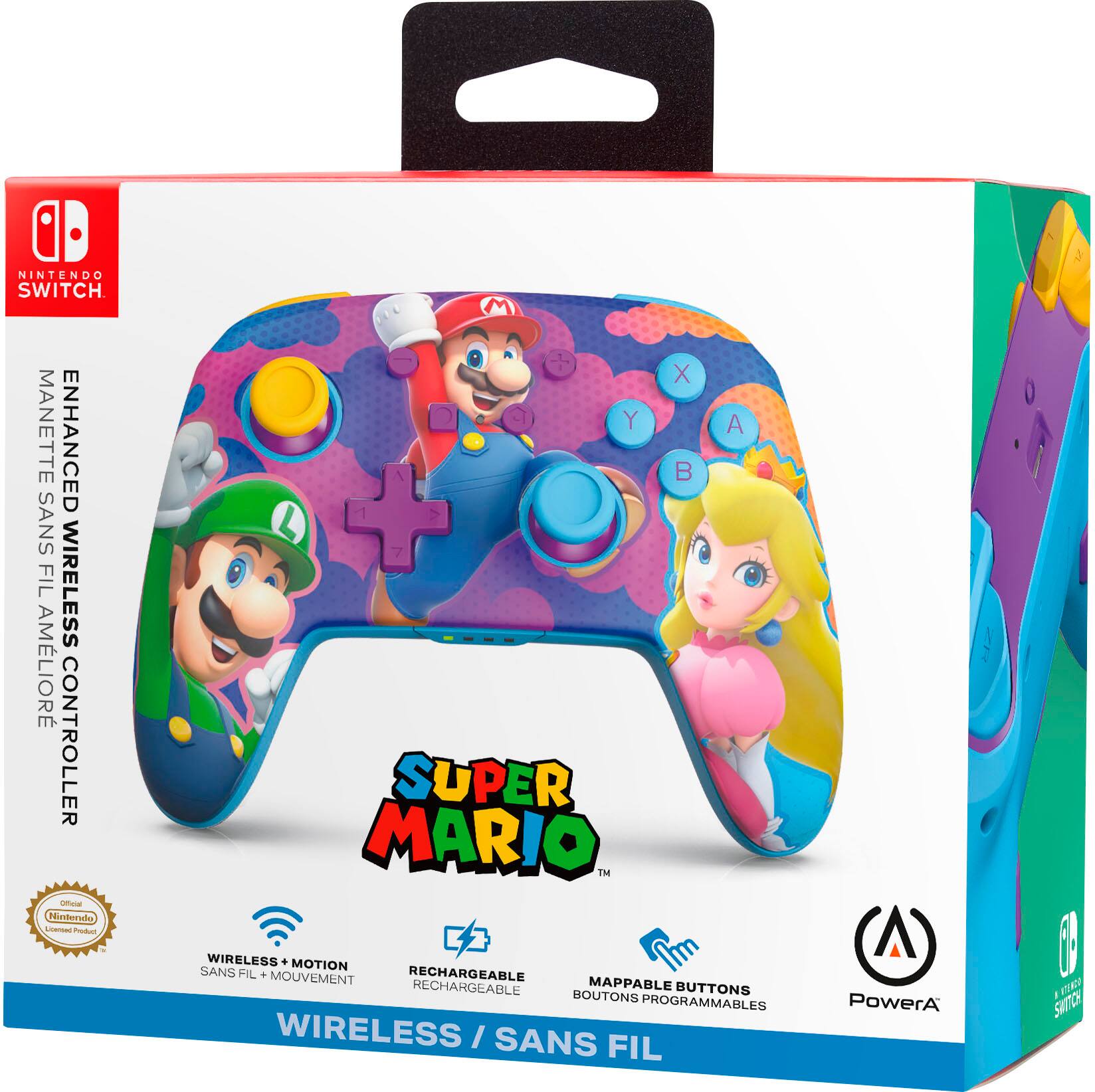 The text on the image reads: "ID NINTENDO SWITCH MANETTE ENHANCED SANS FIL WIRELESS AMLIOR CONTROLLER - Conenat L Produn M X J Y B L SUPER MARIO TM A WIRELESS + MOTION SANS FIL + MOUVEMENT RECHARGEABLE RECHARGEABLE MAPPABLE BUTTONS BOUTONS PROGRAMMABLES WIRELESS I SANS FIL PowerA J #TK SAIc."