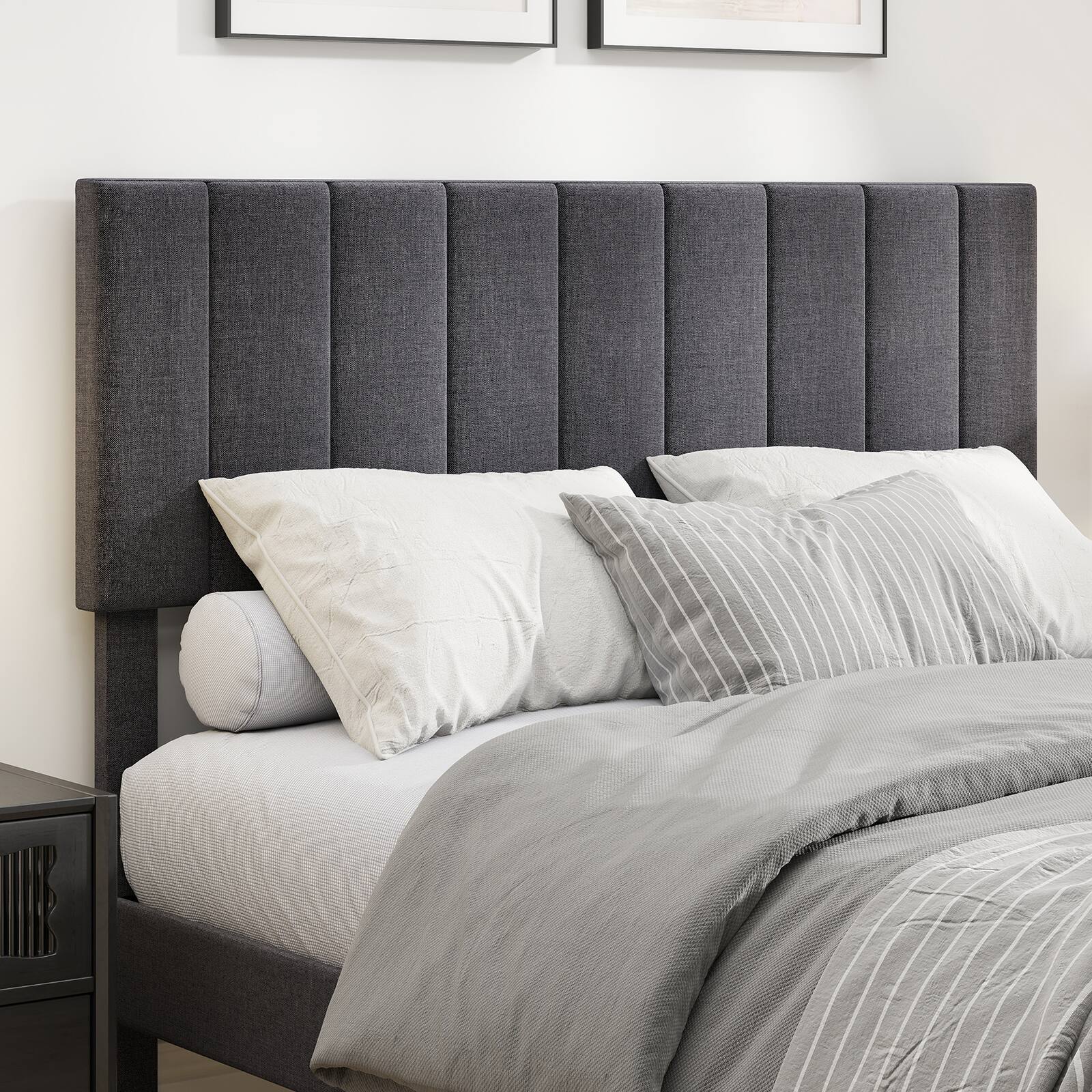 Alt View 3. LUCKY ONE - Queen Assembled Velvet Platform Bed with Height Adjustable Channel Headboard - Gray-Queen.