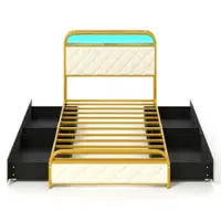 Costway Twin Size Bed Frame with LED Lights & Charging Station Storage Headboard & Drawers - Golden + White - Front_Zoom