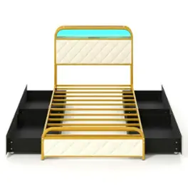 Costway - Twin Size Bed Frame with LED Lights & Charging Station Storage Headboard & Drawers - Golden + White