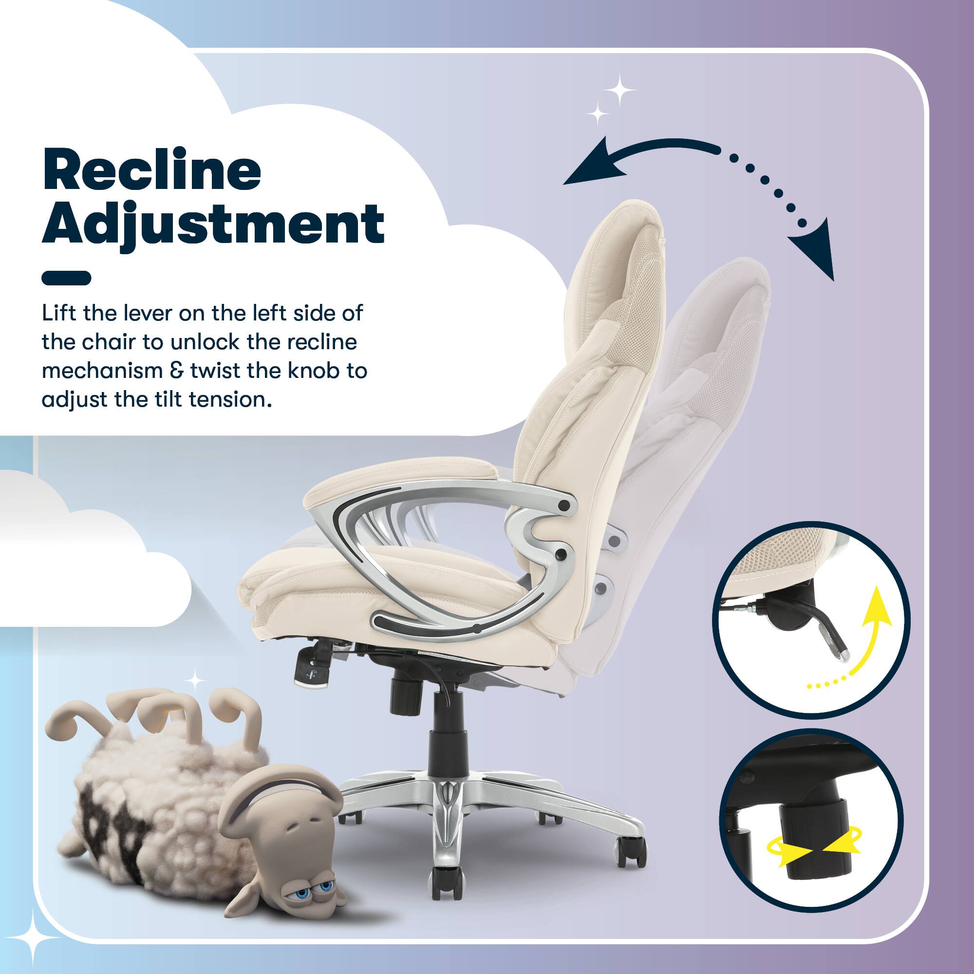 Recline Adjustment - Lift the lever on the left side of the chair to unlock the recline mechanism & twist the knob to adjust the tilt tension.