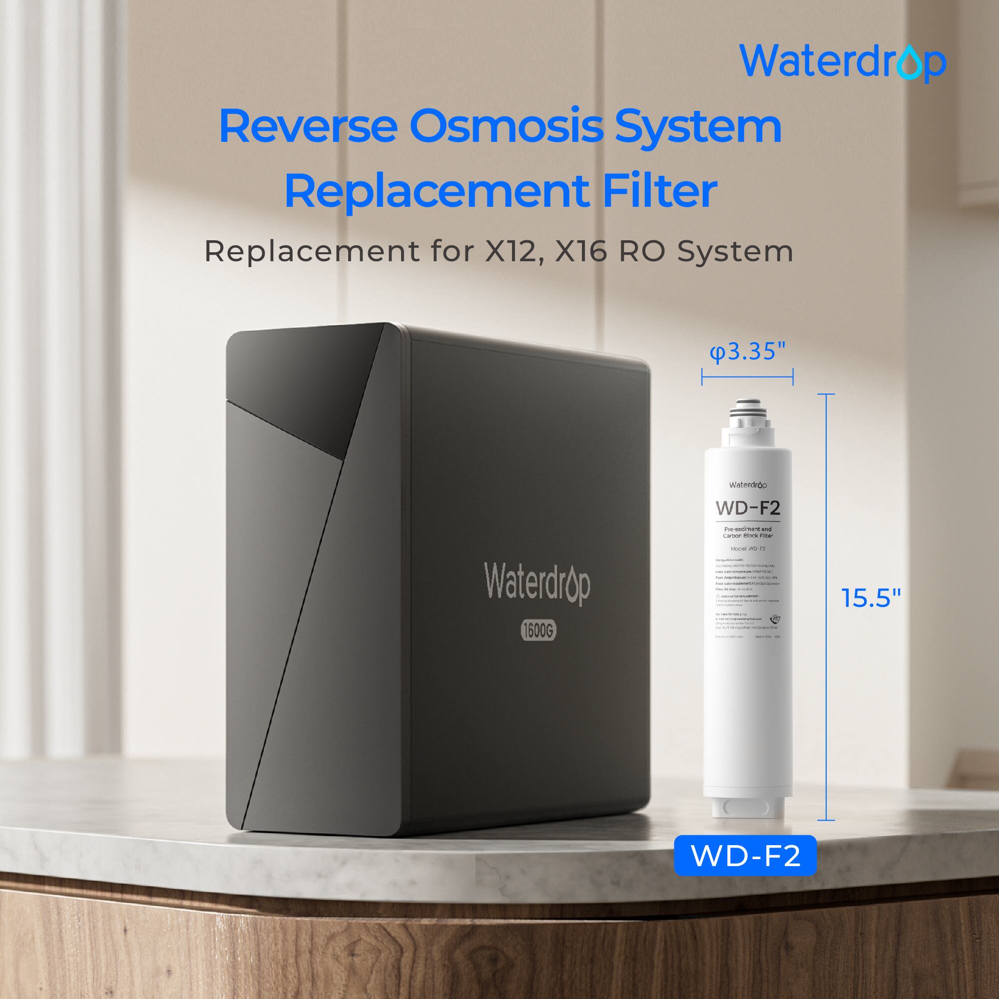 Waterdrop Reverse Osmosis System Replacement Filter Replacement for X12, X16 RO System 3.35" Waterdrop WD-F2 1600G 15.5" WD-F2