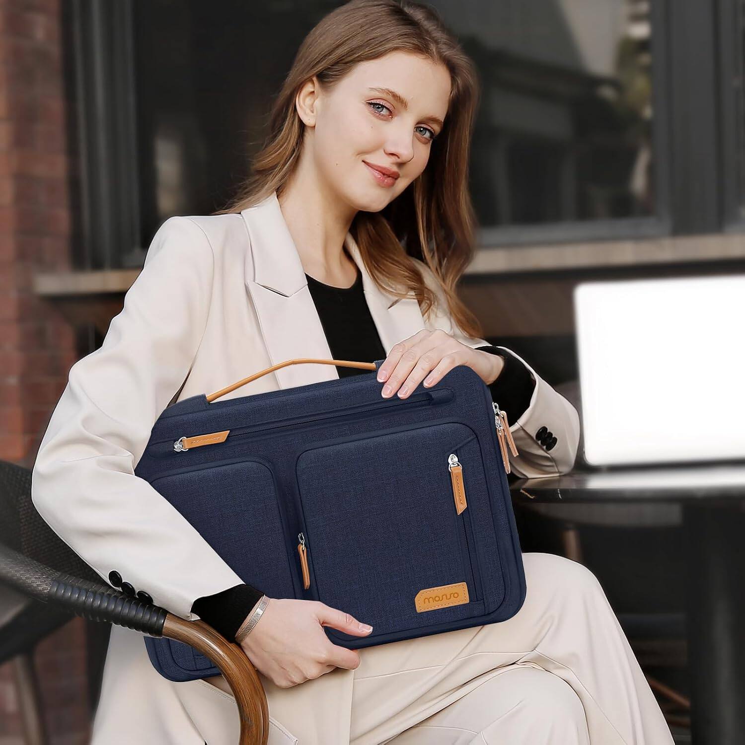 Alt View 2. mosiso - Laptop Sleeve 13-13.3 Inch, 360 Protective Laptop Case with 5 Accessory Pockets for MacBook Air Pro 13 14 HP Dell - Navy Blue.