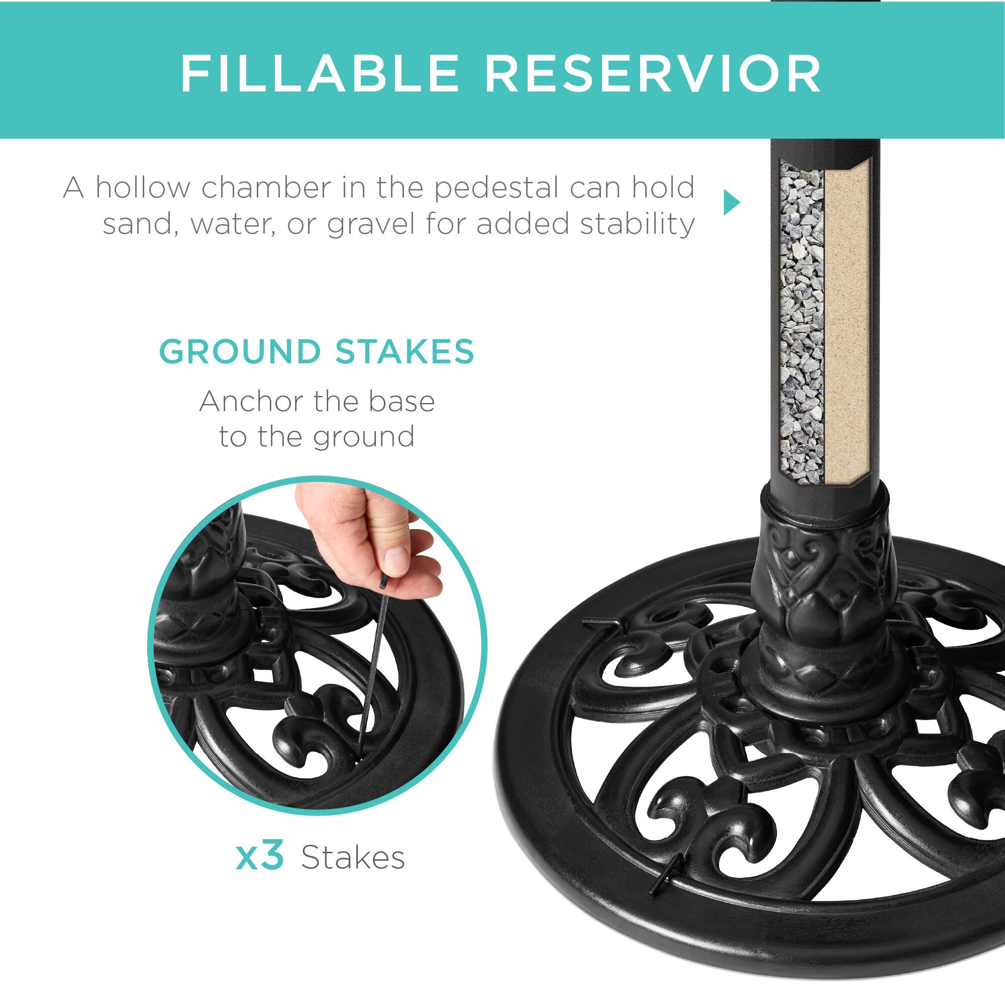 FILLABLE RESERVIOR

A hollow chamber in the pedestal can hold sand, water, or gravel for added stability

GROUND STAKES

Anchor the base to the ground

x3 Stakes