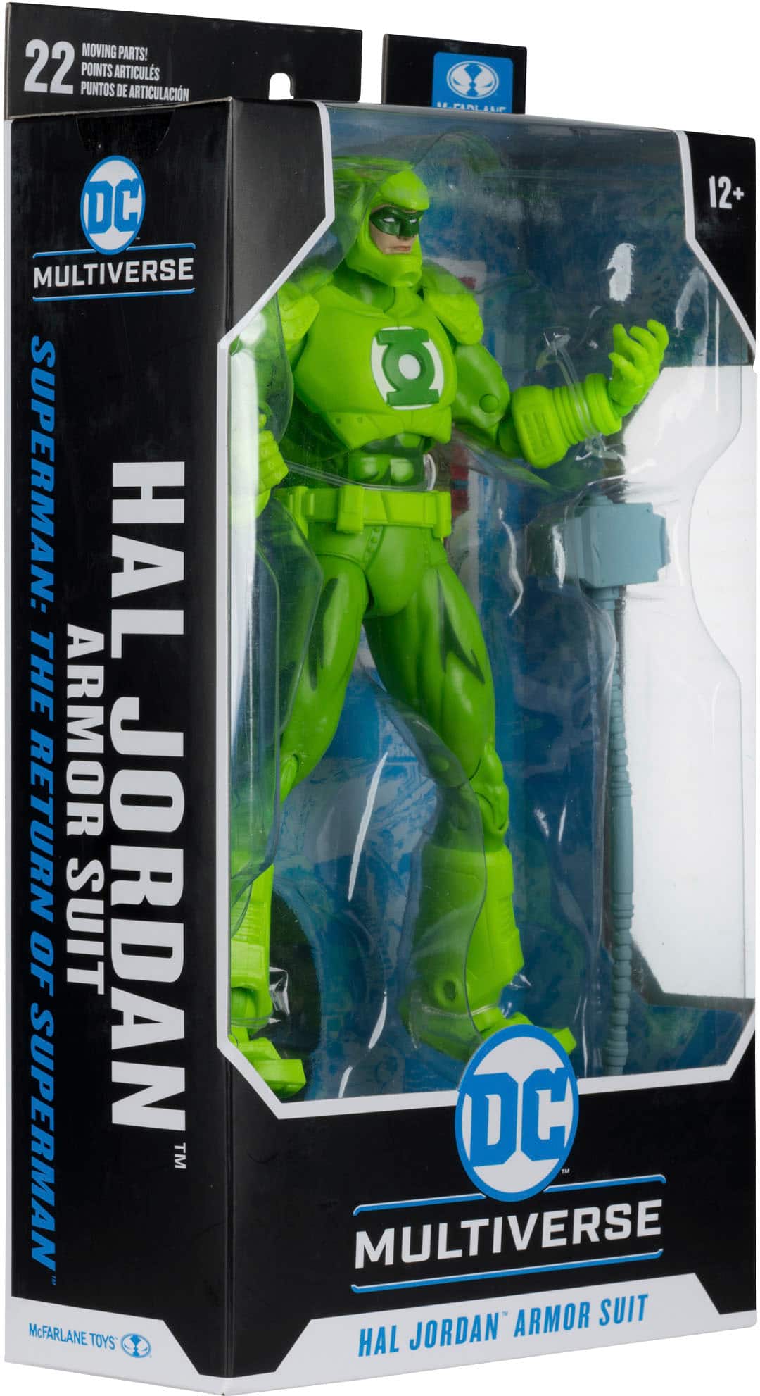 The text on the image reads: "22 POINTS OF ARTICULATION! DC MULTIVERSE SUPERMAN: HAL JORDAN ARMOR SUIT JORDAN SUPERMAN TM i McFARLANE TOYS 12+ DC T MULTIVERSE ARMOR SUIT HAL JORDAN."