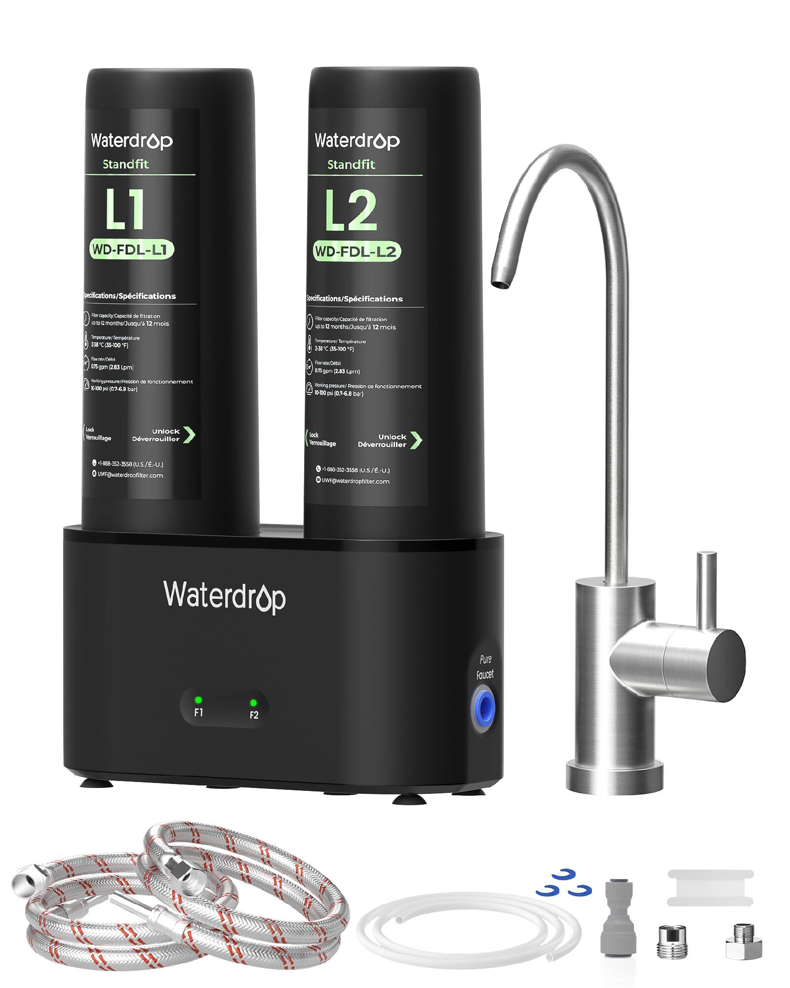 Waterdrop Standfit L1 WD-FDL-L1  
Waterdrop Standfit L2 WD-FDL-L2  

Specifications  
- Filter Capacity: 12 months / 12 mois  
- Temperature: 32°F (0°C) to 104°F (40°C)  
- Flow Rate: 0.05 gpm (0.188 l/min)  
- Working Pressure: 80 psi (0.56 bar)  

Unlock / Déverrouiller  

Waterdrop Pure Faucet F1 F2  

www.waterdropfilter.com