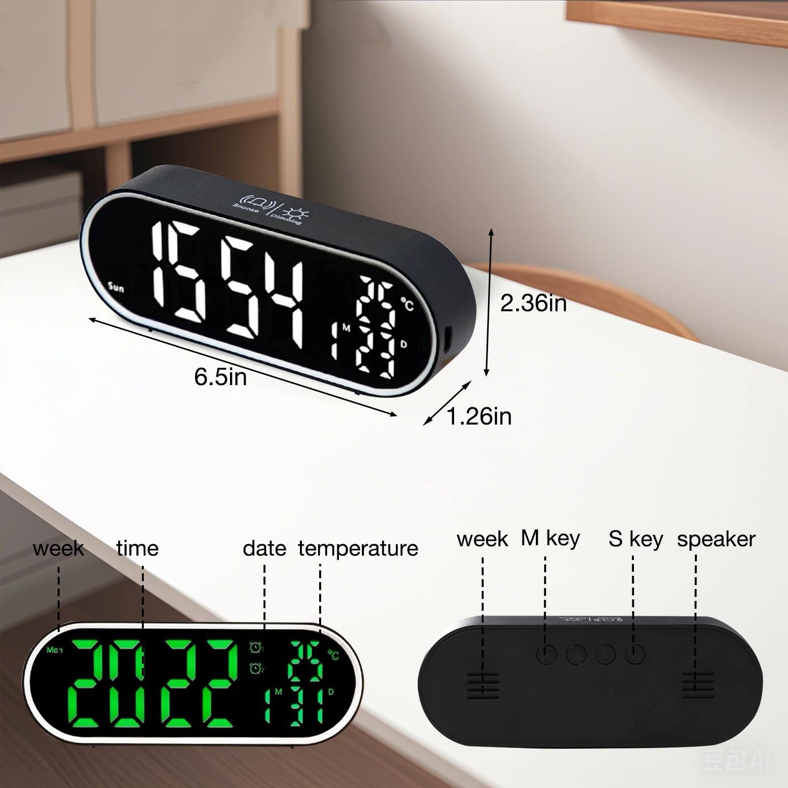 Alt View 1. Dazzed Corner - Digital Alarm Clock Large LED Display,USB Ports - Black.