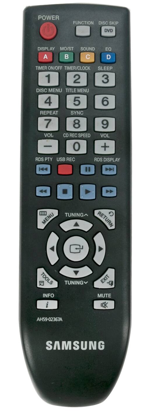 POWER FUNCTION DISC SKIP DVD DISPLAY MO/ST SOUND A B C D TIMER ON/OFF TIMER/CLOCK SLEEP 1 2 3 DISC MENU TITLE MENU 4 5 6 REPEAT SYNC 7 8 9 VOL CD REC SPEED VOL - 0 + RDS PTY USB REC RDS DISPLAY TUNING MENU RETURN TOOLS INFO i TUNING EXIT -4 MUTE AH59-02367A SAMSUNG
