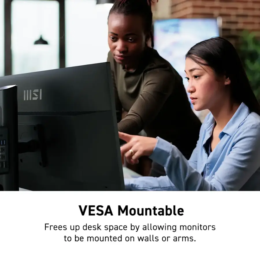 IISI VESA Mountable frees up desk space by allowing monitors to be mounted on walls or arms.