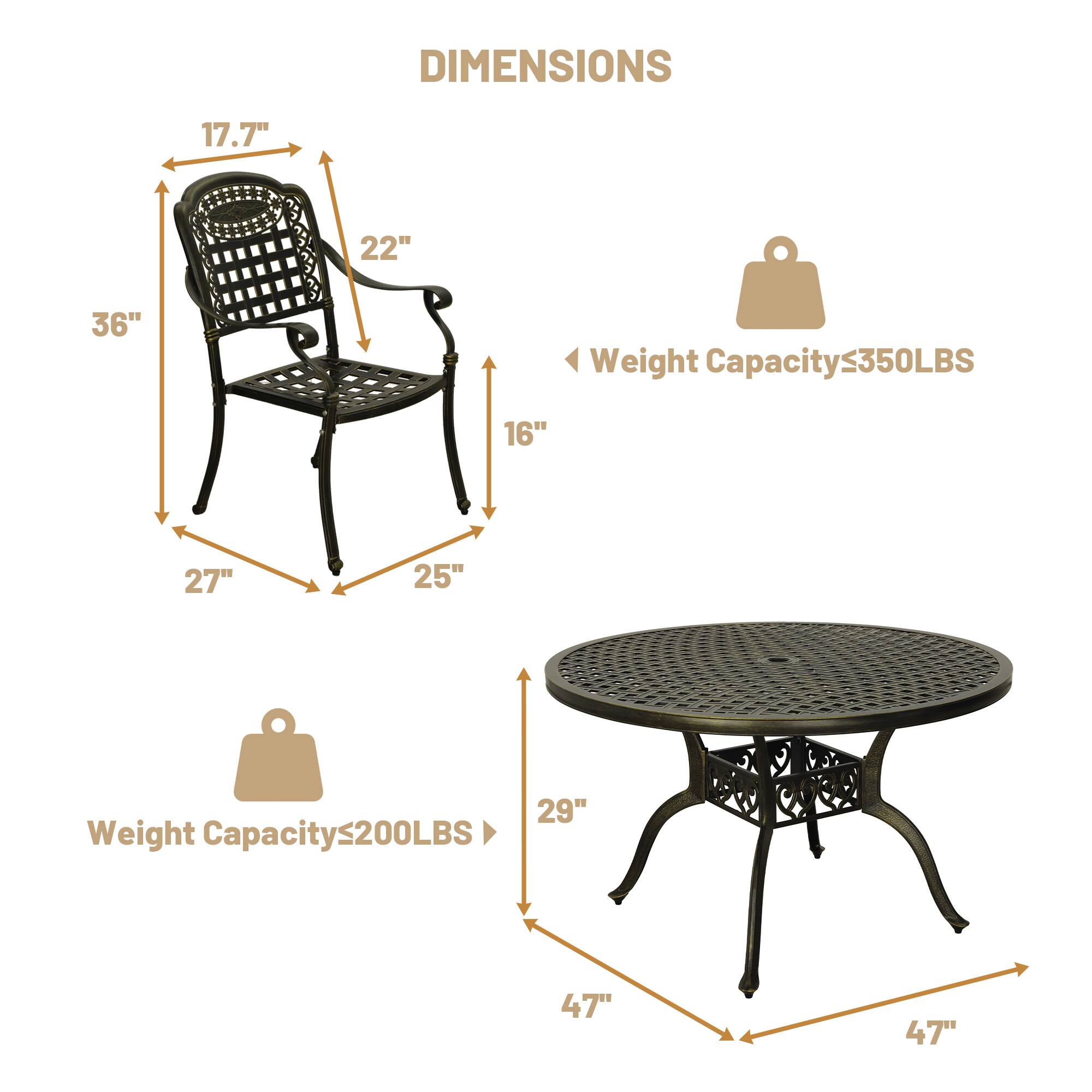 DIMENSIONS

- Chair:
  - Height: 36"
  - Width: 22"
  - Depth: 25"
  - Seat Height: 16"
  - Armrest Height: 17.7"
  - Back Height: 27"
  - Weight Capacity: ≤350LBS

- Table:
  - Diameter: 47"
  - Height: 29"
  - Weight Capacity: ≤200LBS
