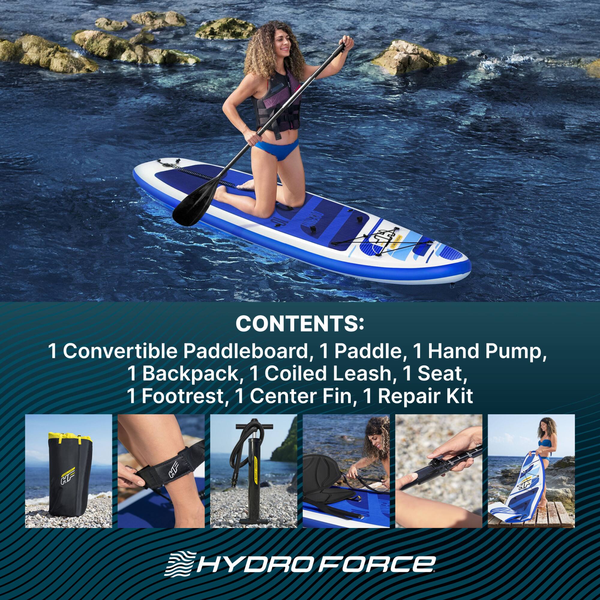CONTENTS:  
1 Convertible Paddleboard, 1 Paddle, 1 Hand Pump, 1 Backpack, 1 Coiled Leash, 1 Seat, 1 Footrest, 1 Center Fin, 1 Repair Kit  

HYDRO FORCE