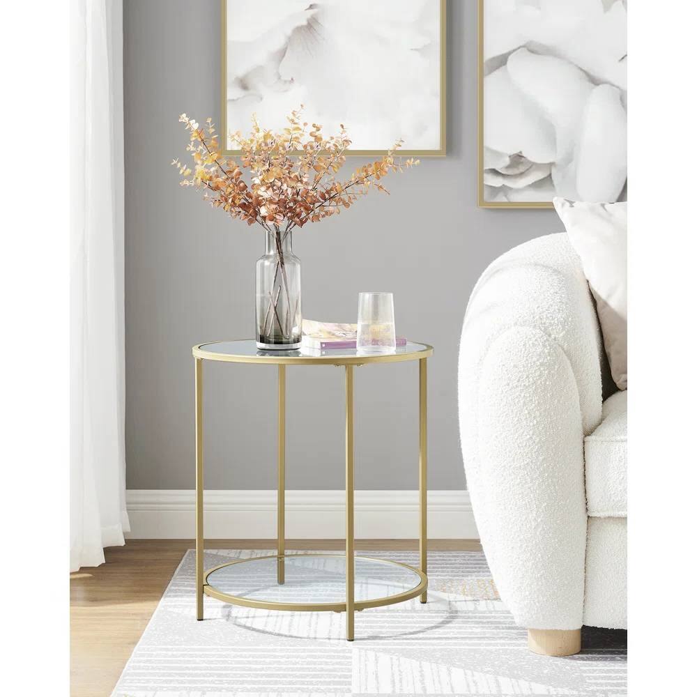 Angle. Hivvago - Hivvago Modern Glass Top Round Metal End Table Nightstand with Bottom Shelf - Gold.