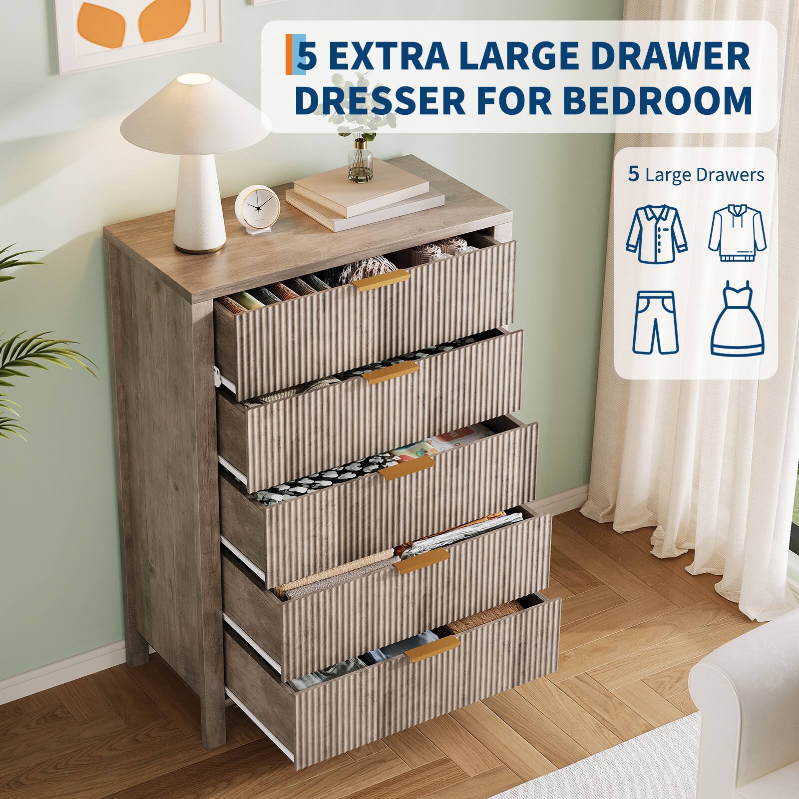 Jojoka 5 Drawer Dresser for Bedroom, 45" Tall Narrow Modern Chest of ...