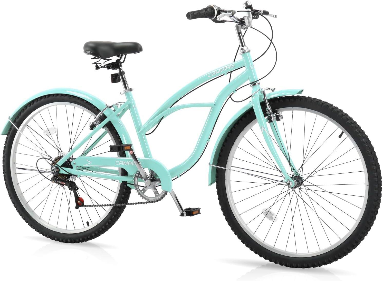 Winado - 26 Inch Beach Cruiser Bike, 7 Speed Commuter Bicycle with Ergonomic Upright Frame - Green
